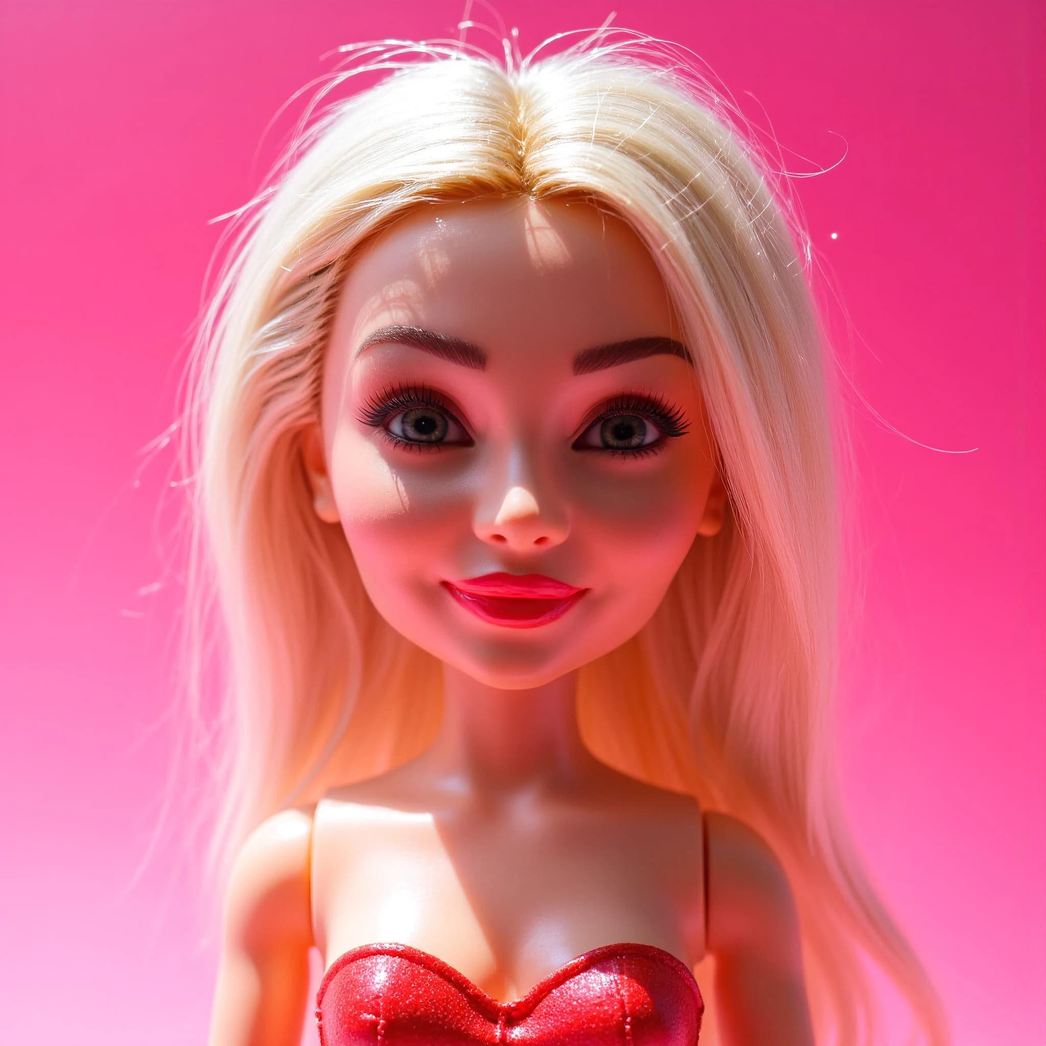 Professional headshot example: Doll Pink Background Red Dress — LinkedInHeadshots.ai