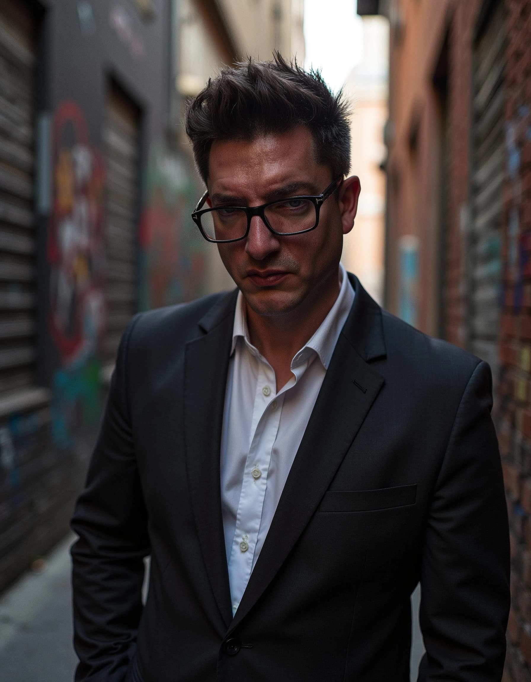Professional headshot example: Man Alley Black Suit Standing — LinkedInHeadshots.ai