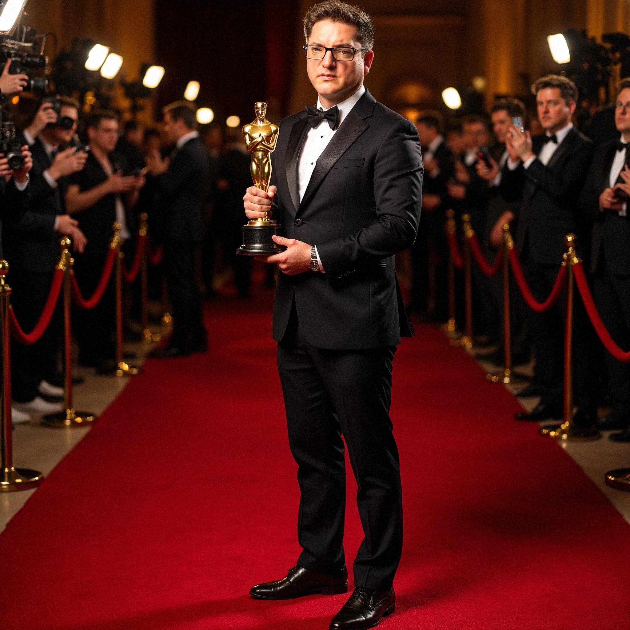 Professional headshot example: Man Award Ceremony Black Tux Holding Trophy — LinkedInHeadshots.ai