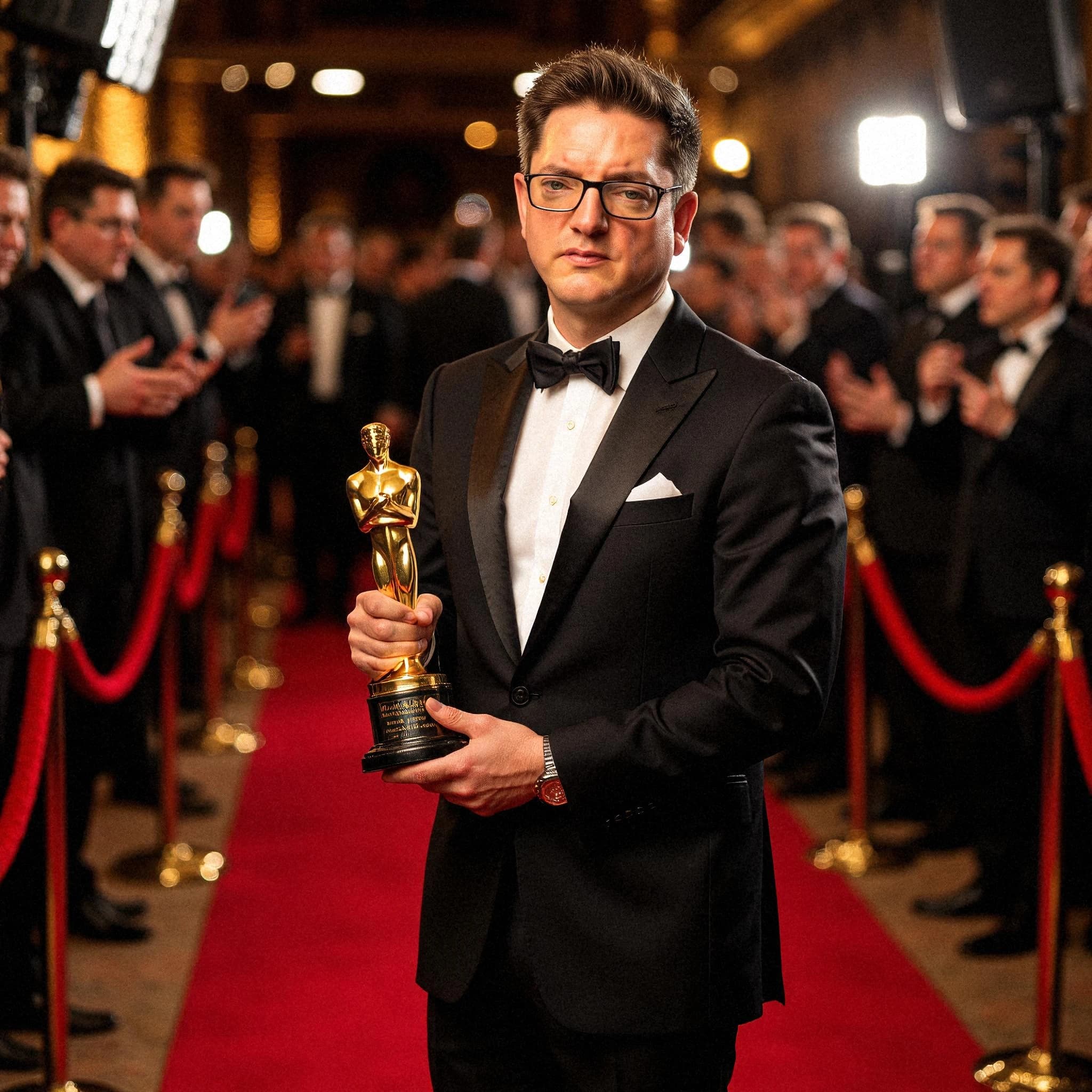 Professional headshot example: Man Award Ceremony Black Tuxedo Holding Trophy — LinkedInHeadshots.ai