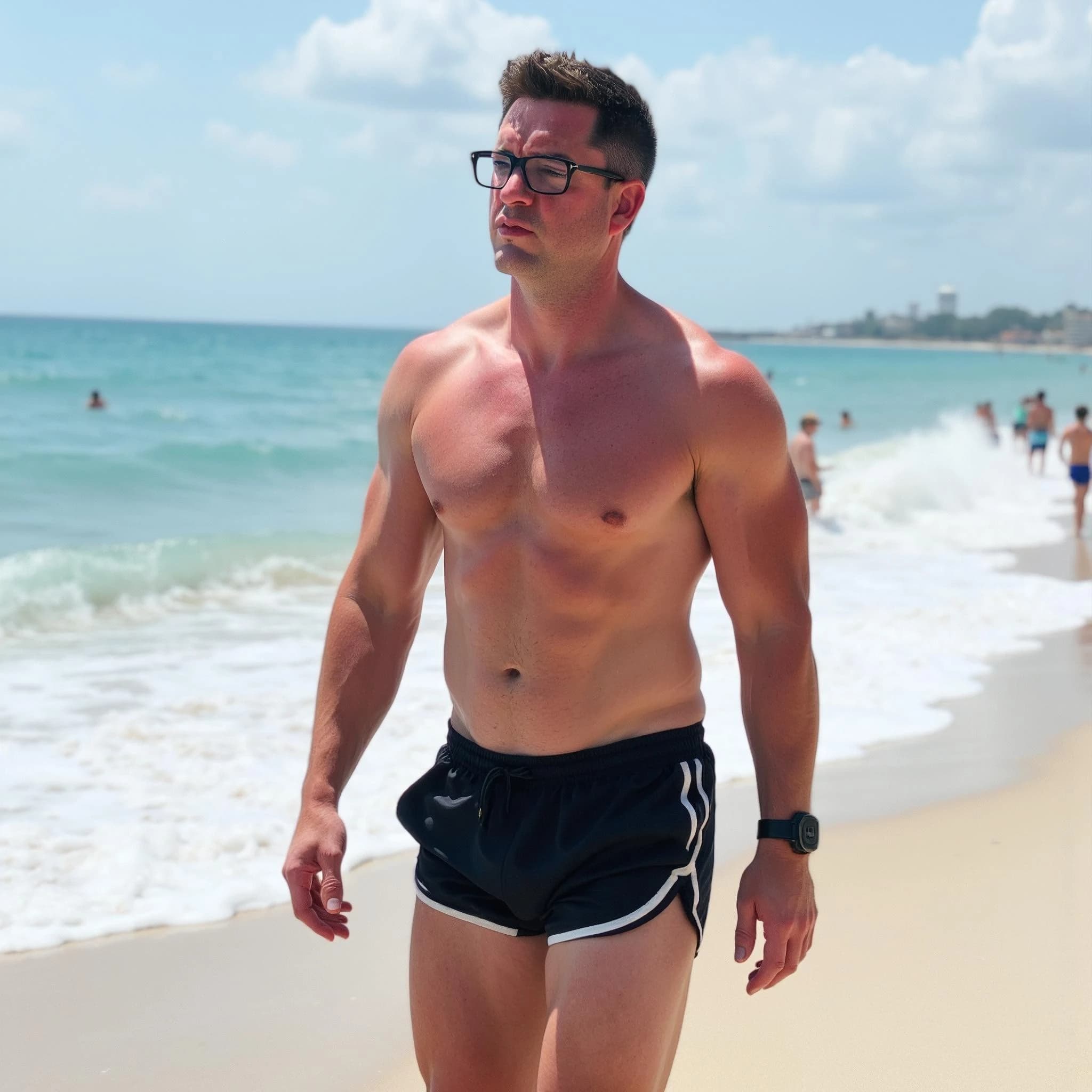 Professional headshot example: Man Beach Black Shorts Walking — LinkedInHeadshots.ai