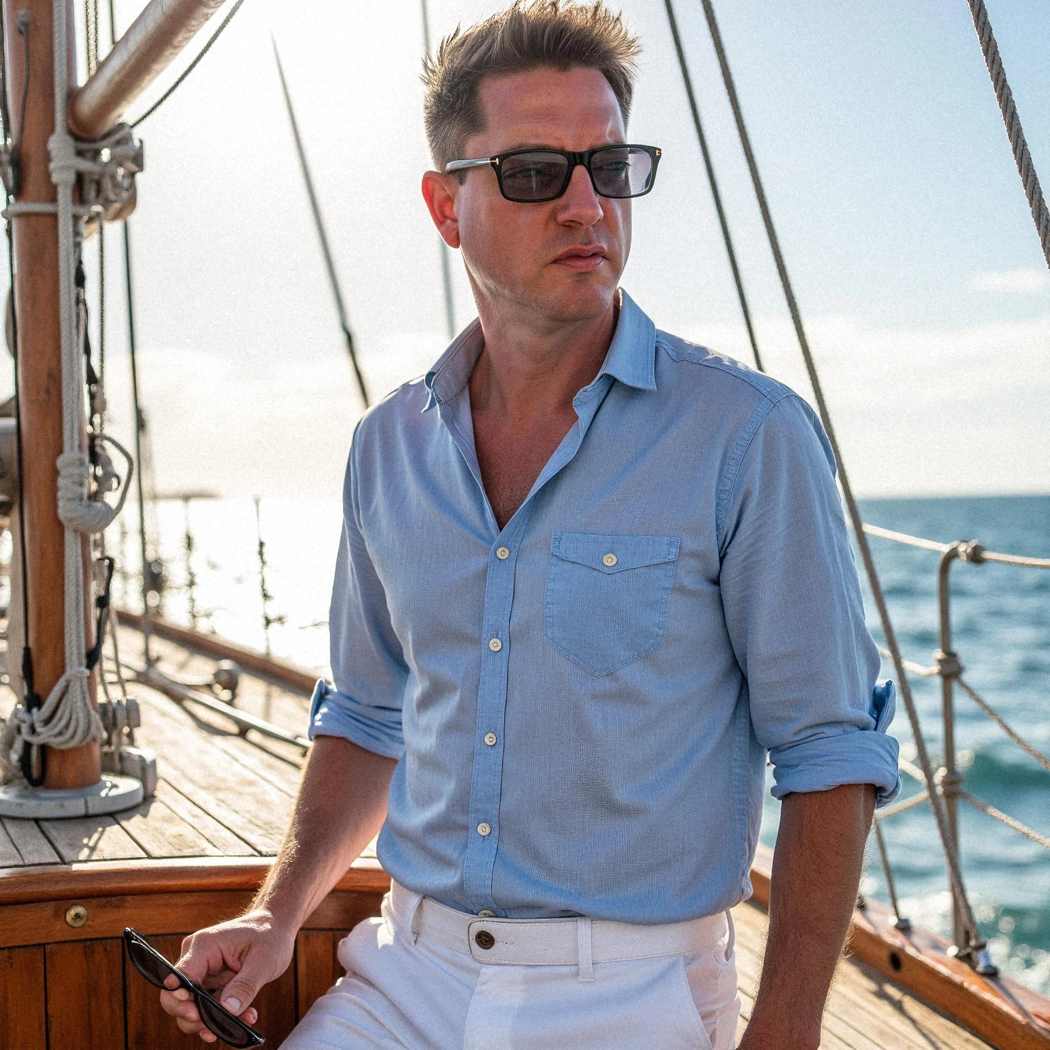 Professional headshot example: Man Boat Blue Shirt Holding Phone — LinkedInHeadshots.ai