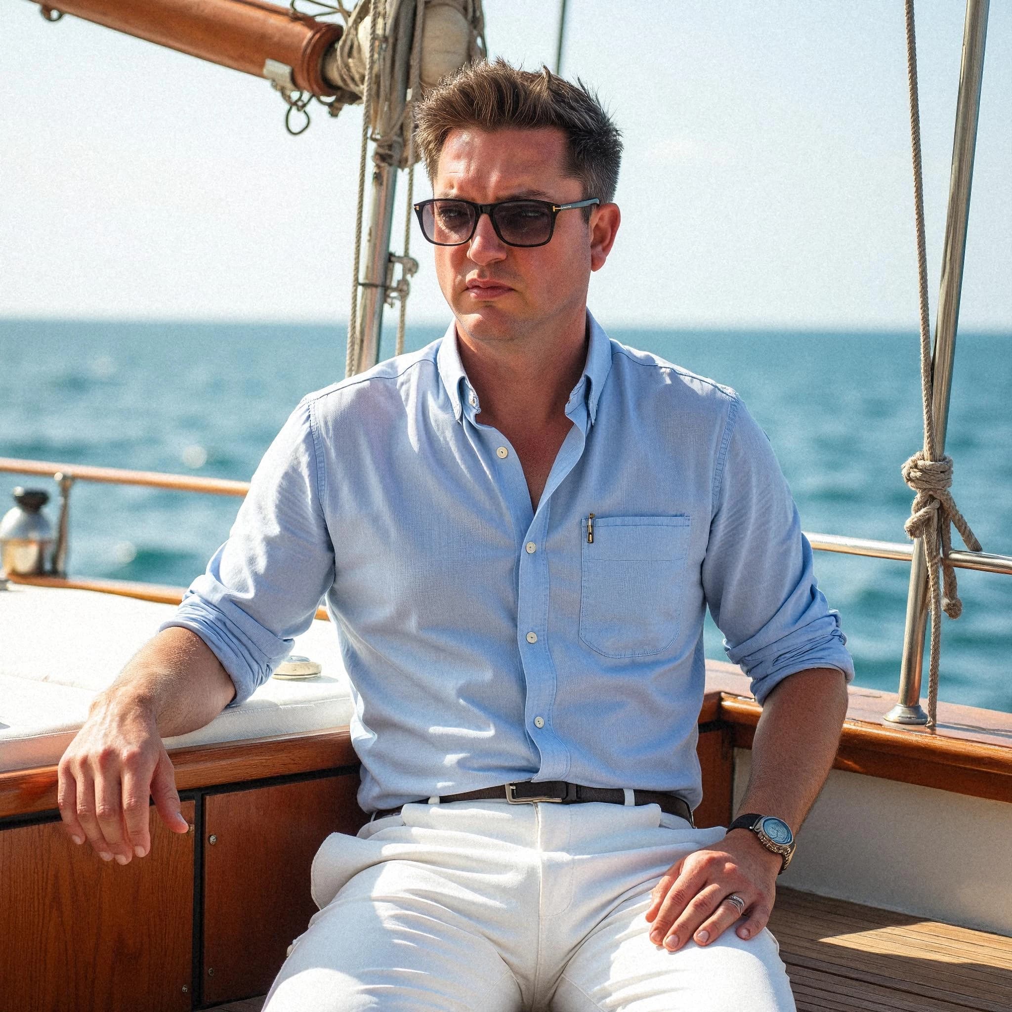 Professional headshot example: Man Boat Blue Shirt Sitting — LinkedInHeadshots.ai