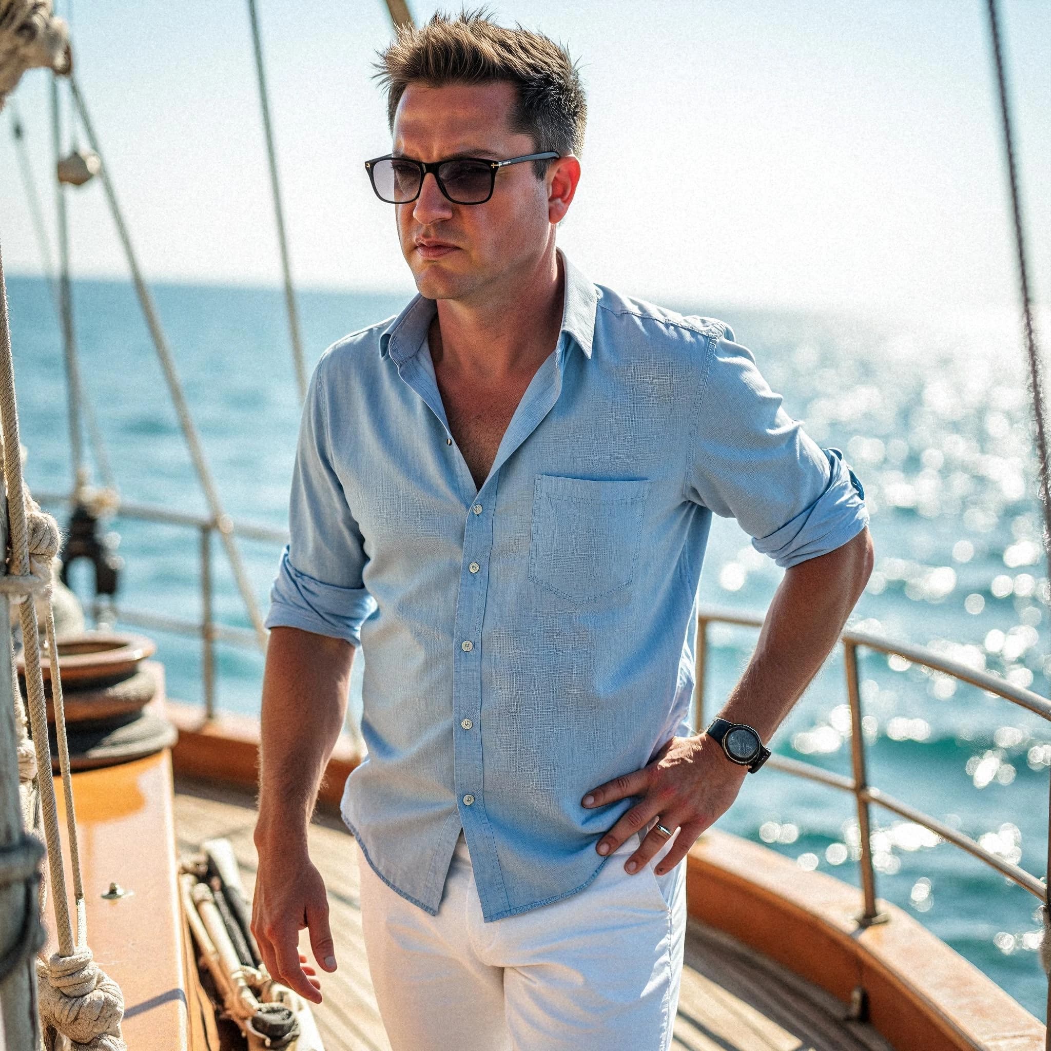 Professional headshot example: Man Boat Blue Shirt Sunglasses — LinkedInHeadshots.ai