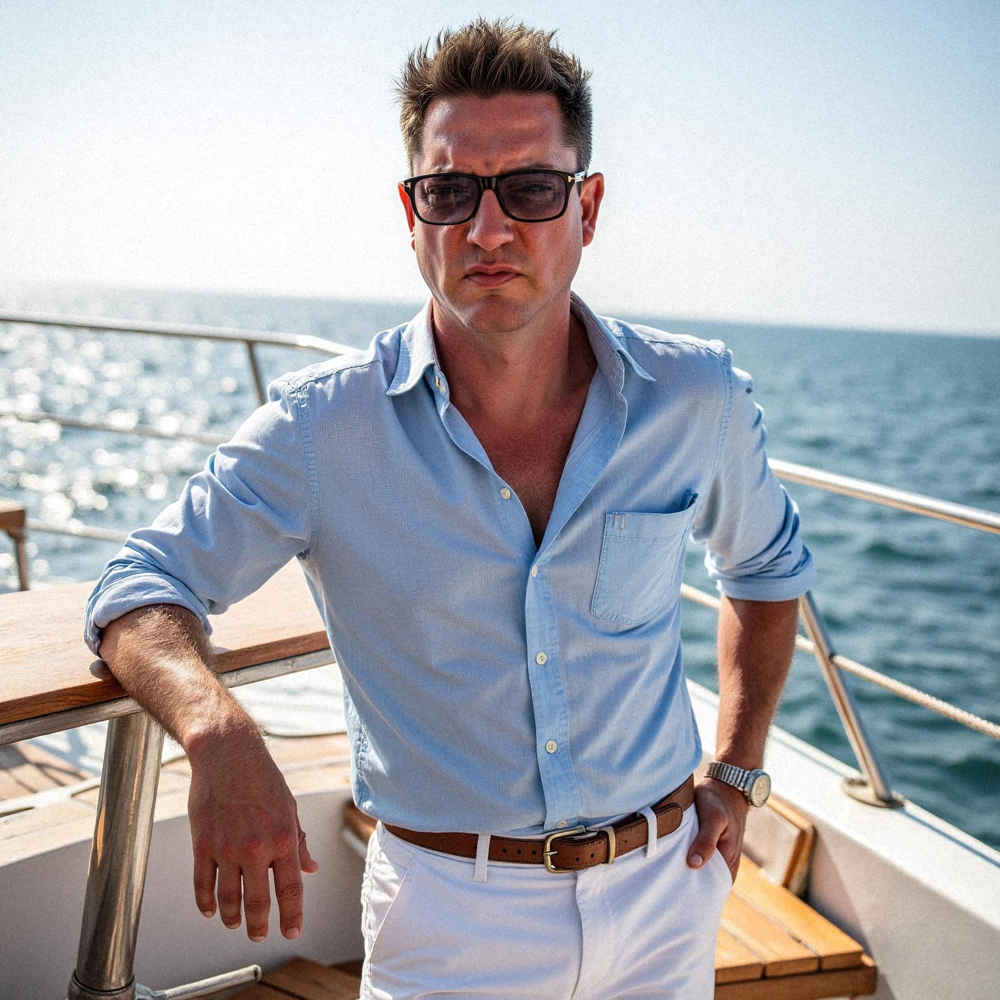 Professional headshot example: Man Boat Blue Shirt Sunglasses 2 — LinkedInHeadshots.ai