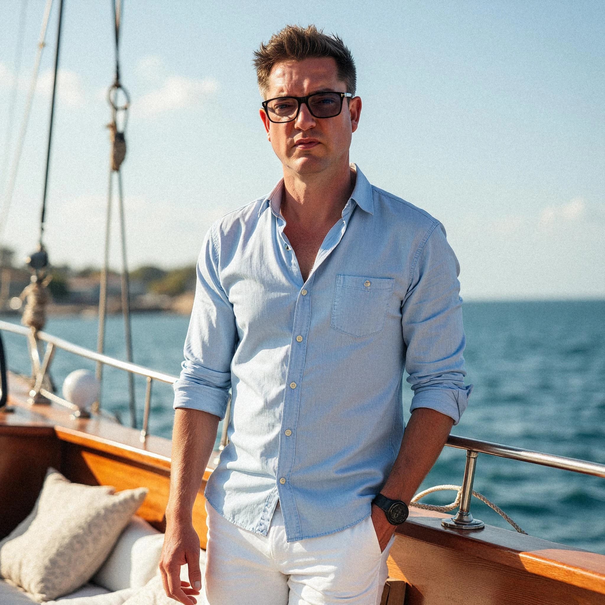 Professional headshot example: Man Boat Light Shirt Sunglasses — LinkedInHeadshots.ai