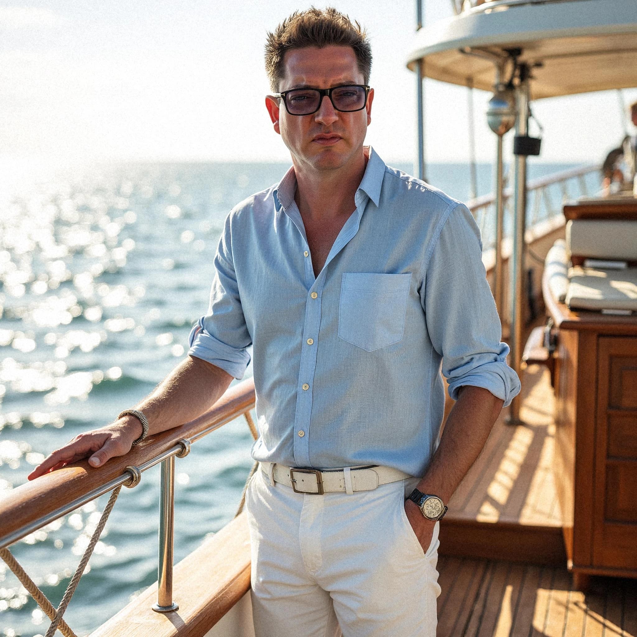 Professional headshot example: Man Boat Light Shirt Sunglasses 2 — LinkedInHeadshots.ai
