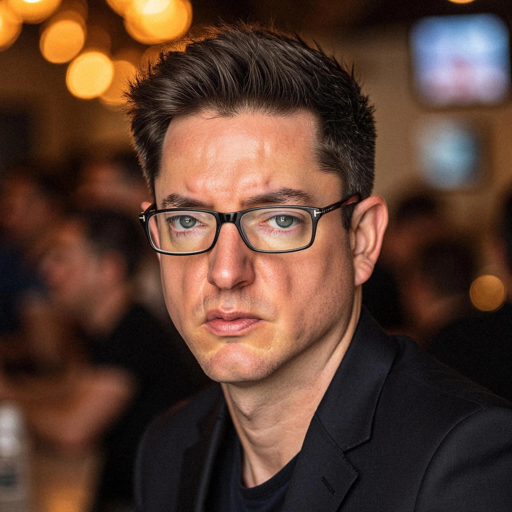 Professional headshot example: Man Cafe Black Jacket Serious — LinkedInHeadshots.ai