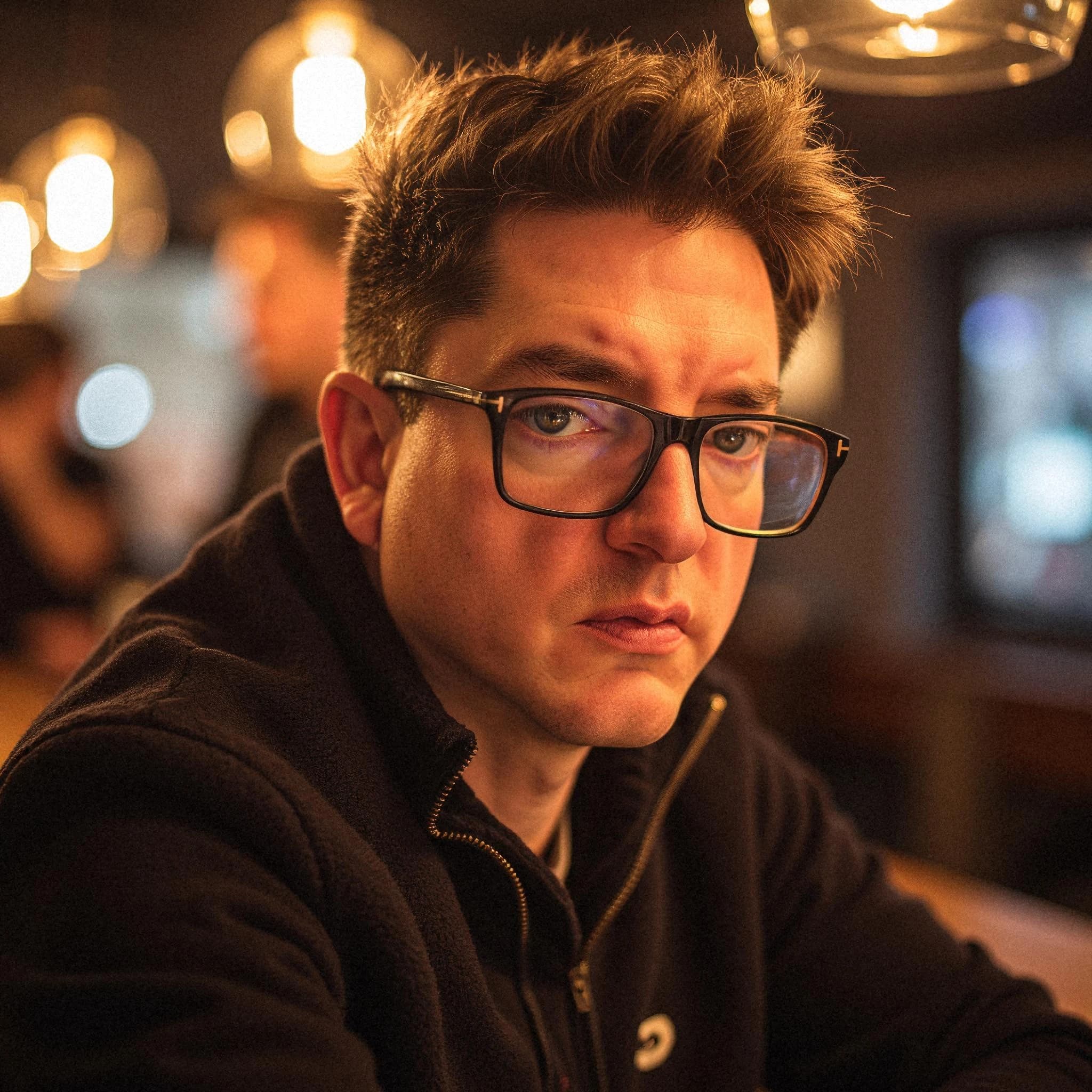 Professional headshot example: Man Cafe Black Jacket Sitting — LinkedInHeadshots.ai