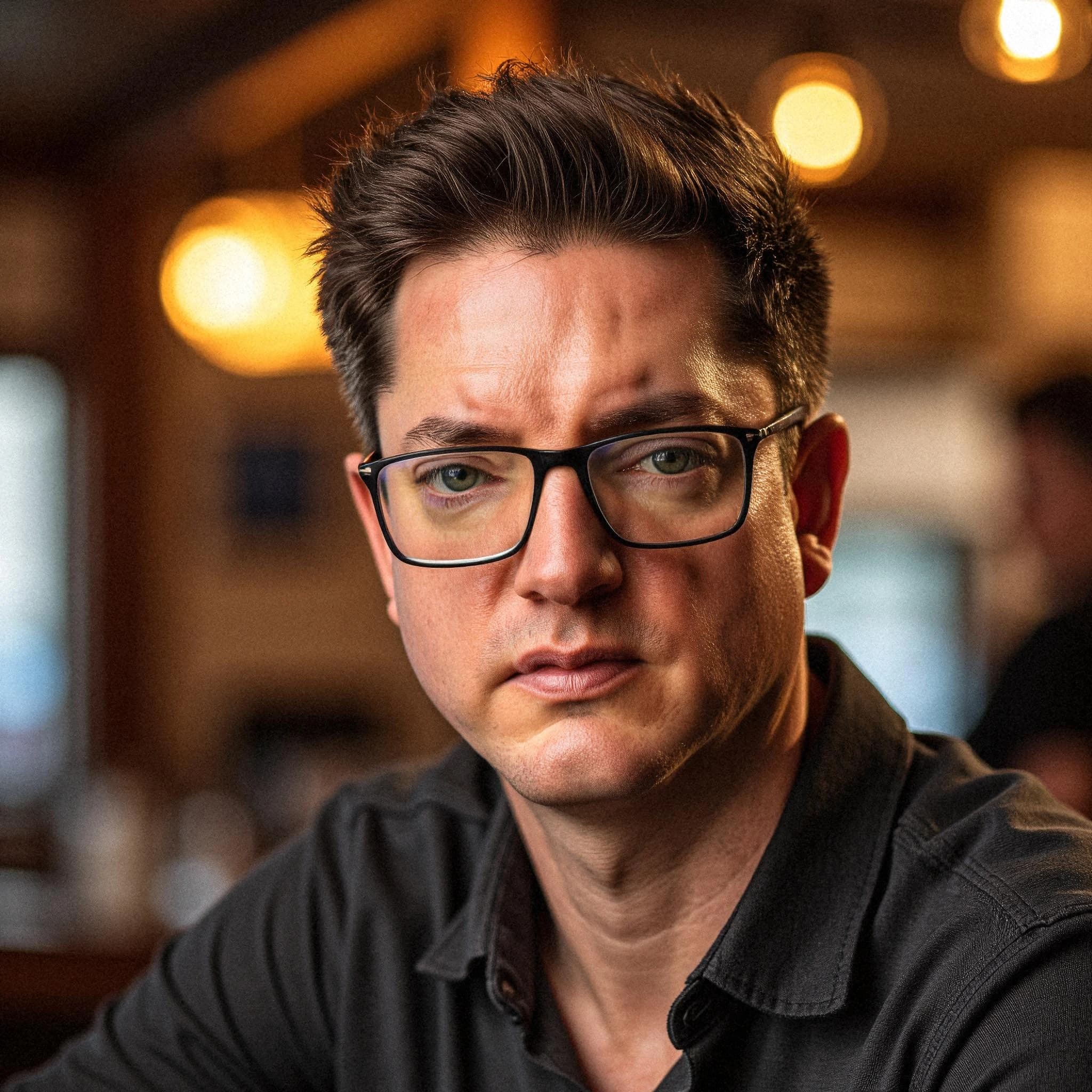 Professional headshot example: Man Cafe Black Shirt Glasses — LinkedInHeadshots.ai