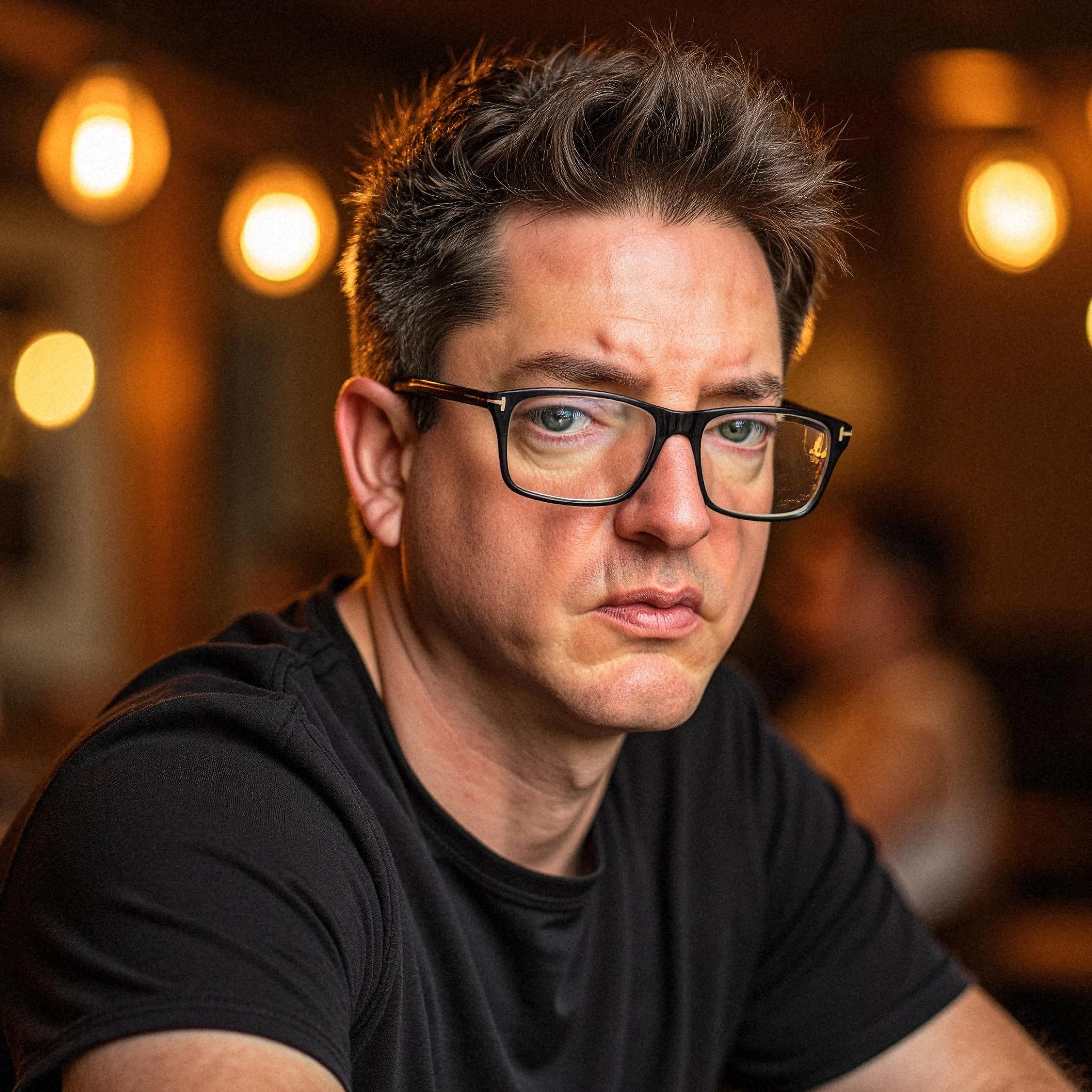 Professional headshot example: Man Cafe Black Shirt Sitting — LinkedInHeadshots.ai