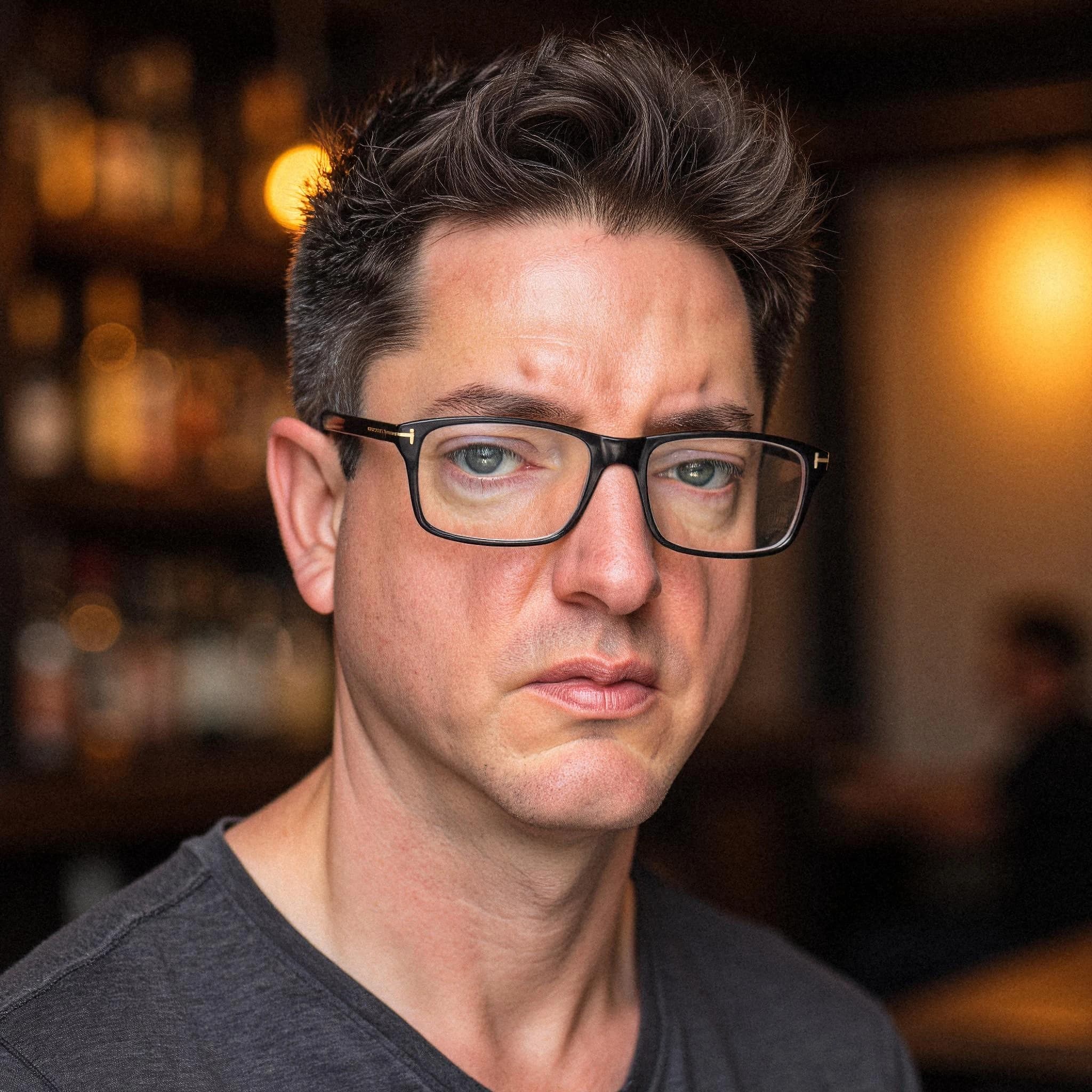 Professional headshot example: Man Cafe Glasses Serious Expression — LinkedInHeadshots.ai