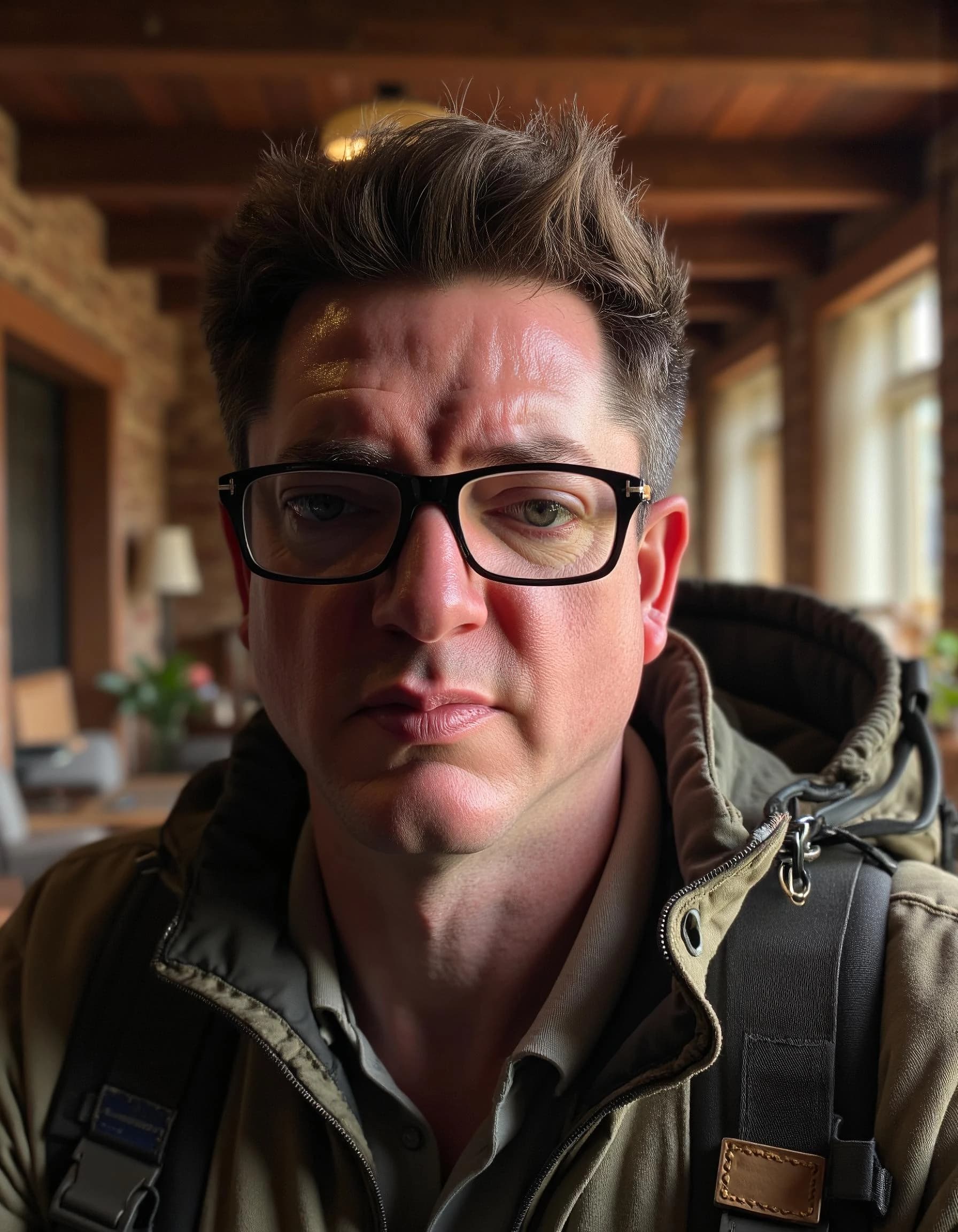 Professional headshot example: Man Cafe Jacket Glasses Sitting — LinkedInHeadshots.ai