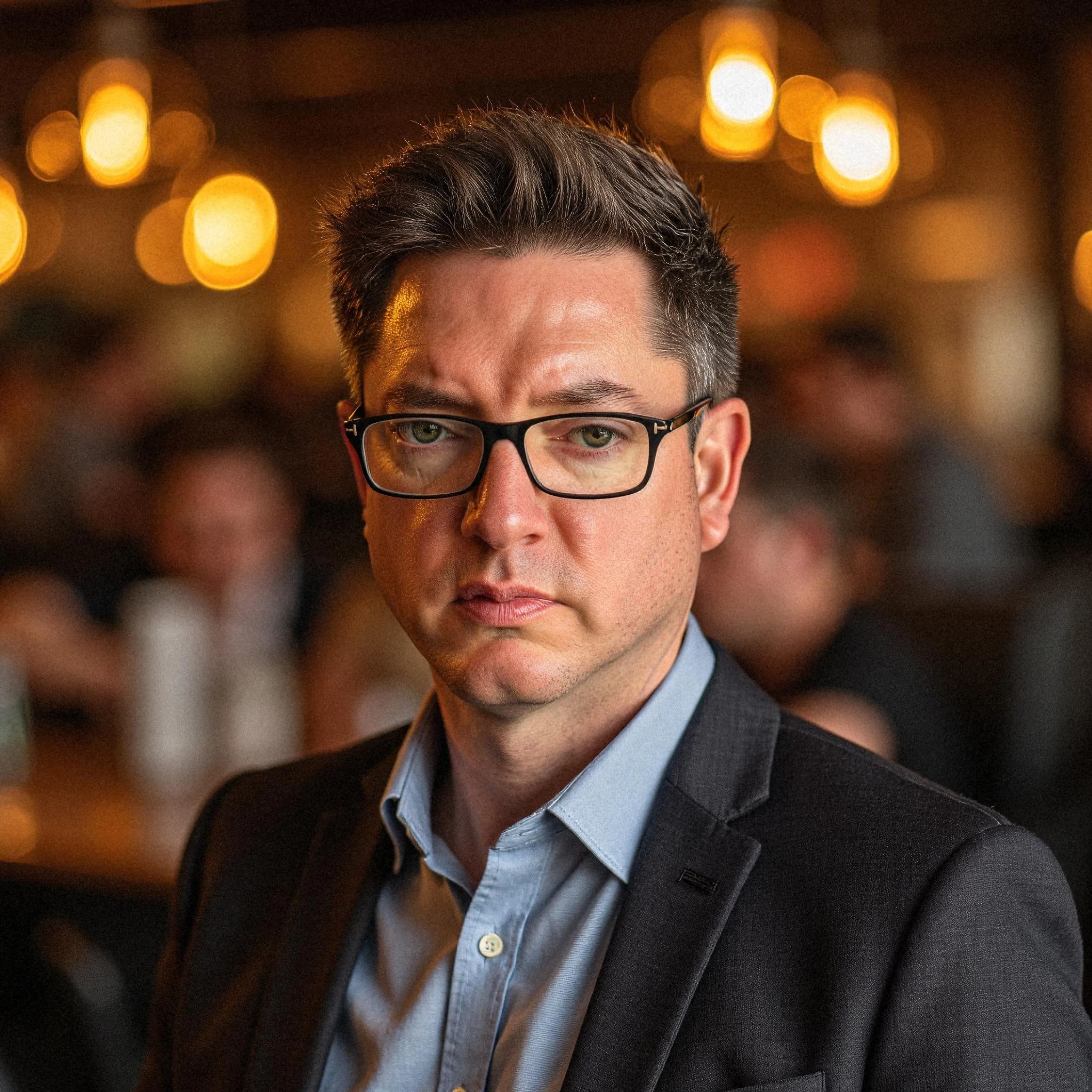 Professional headshot example: Man Cafe Suit Glasses Serious — LinkedInHeadshots.ai
