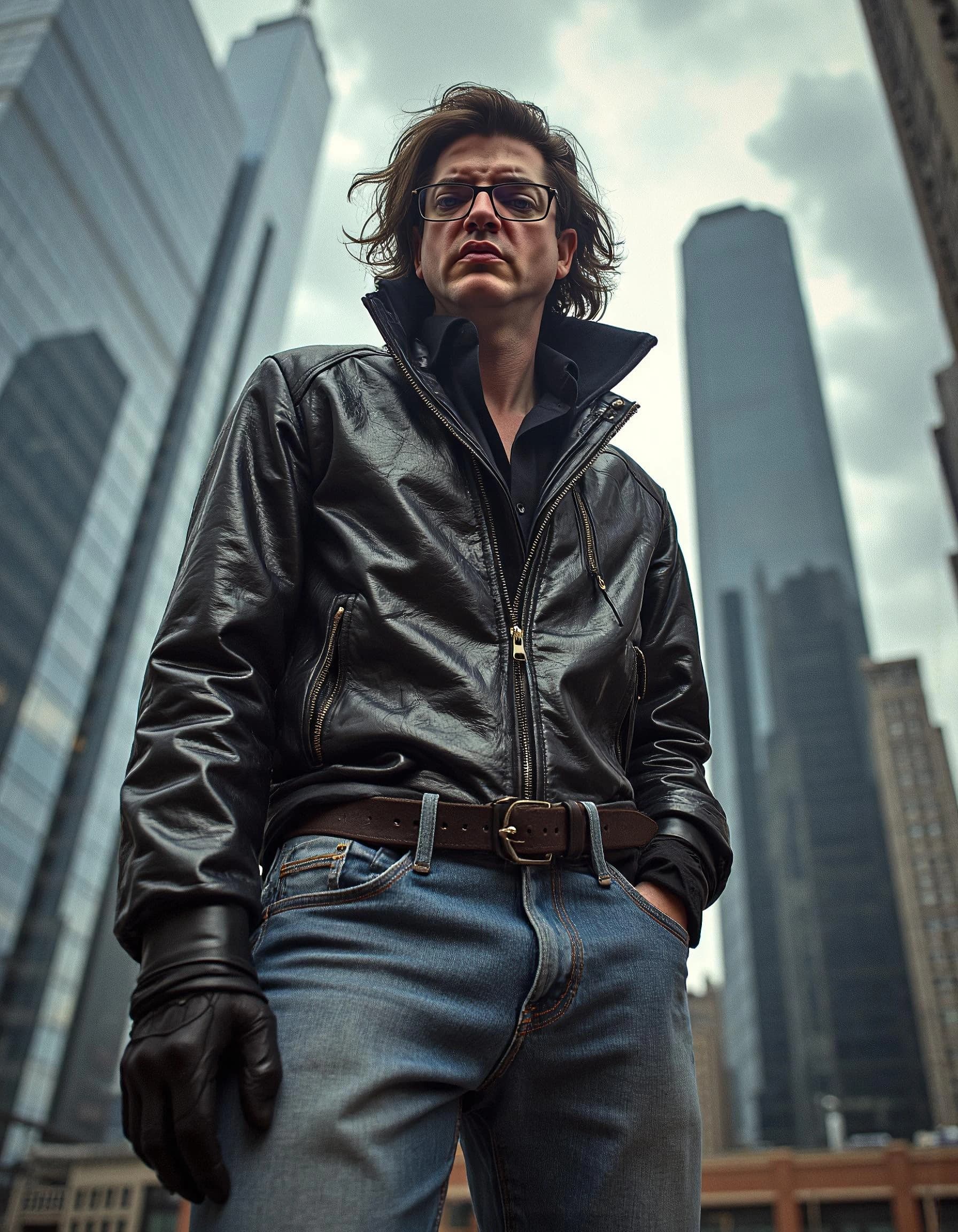 Professional headshot example: Man City Leather Jacket Standing — LinkedInHeadshots.ai