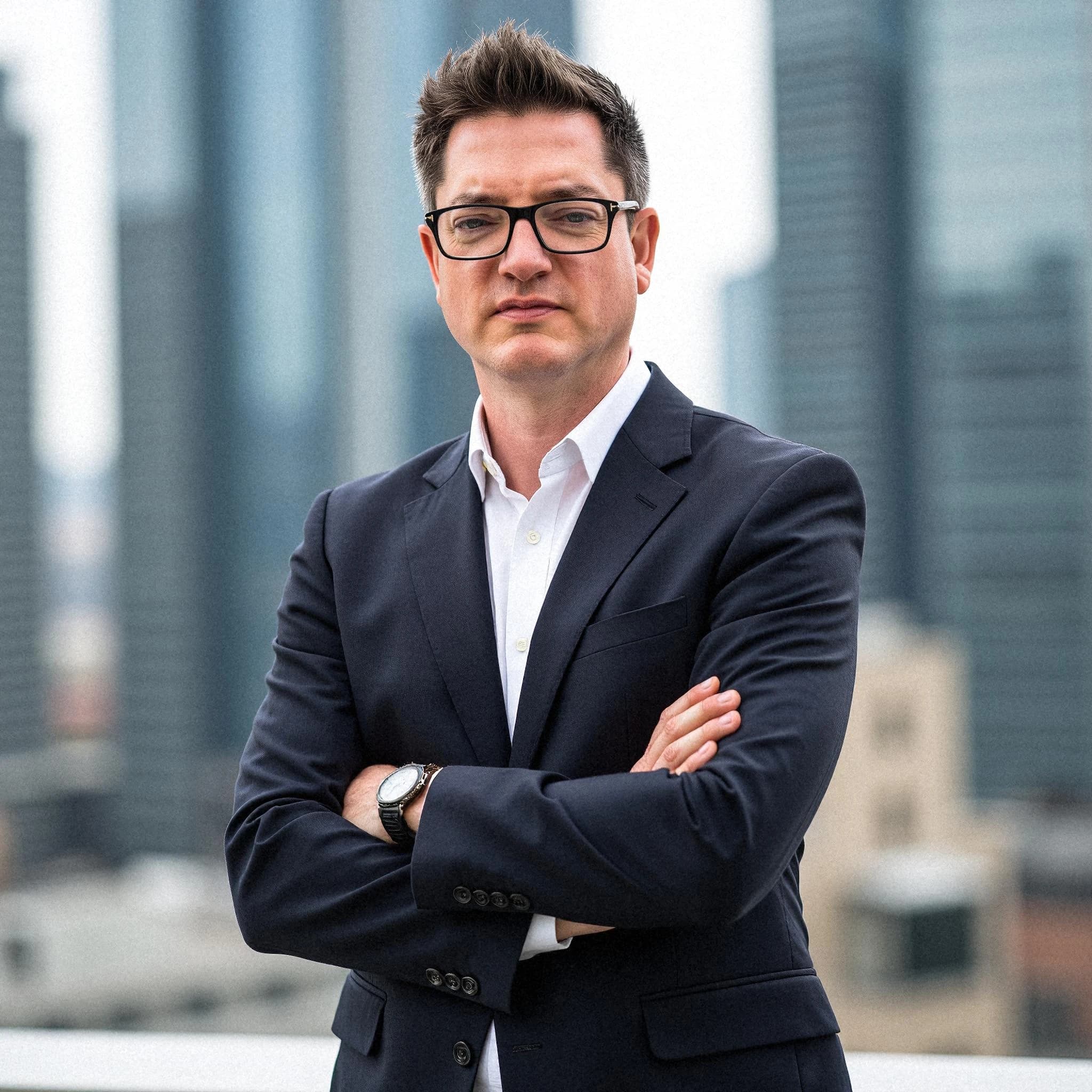 Professional headshot example: Man City Rooftop Suit Arms Crossed — LinkedInHeadshots.ai