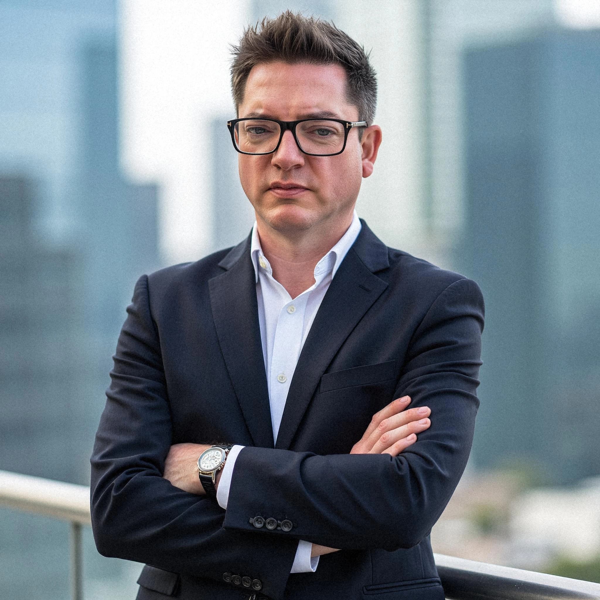 Professional headshot example: Man City Suit Arms Crossed — LinkedInHeadshots.ai