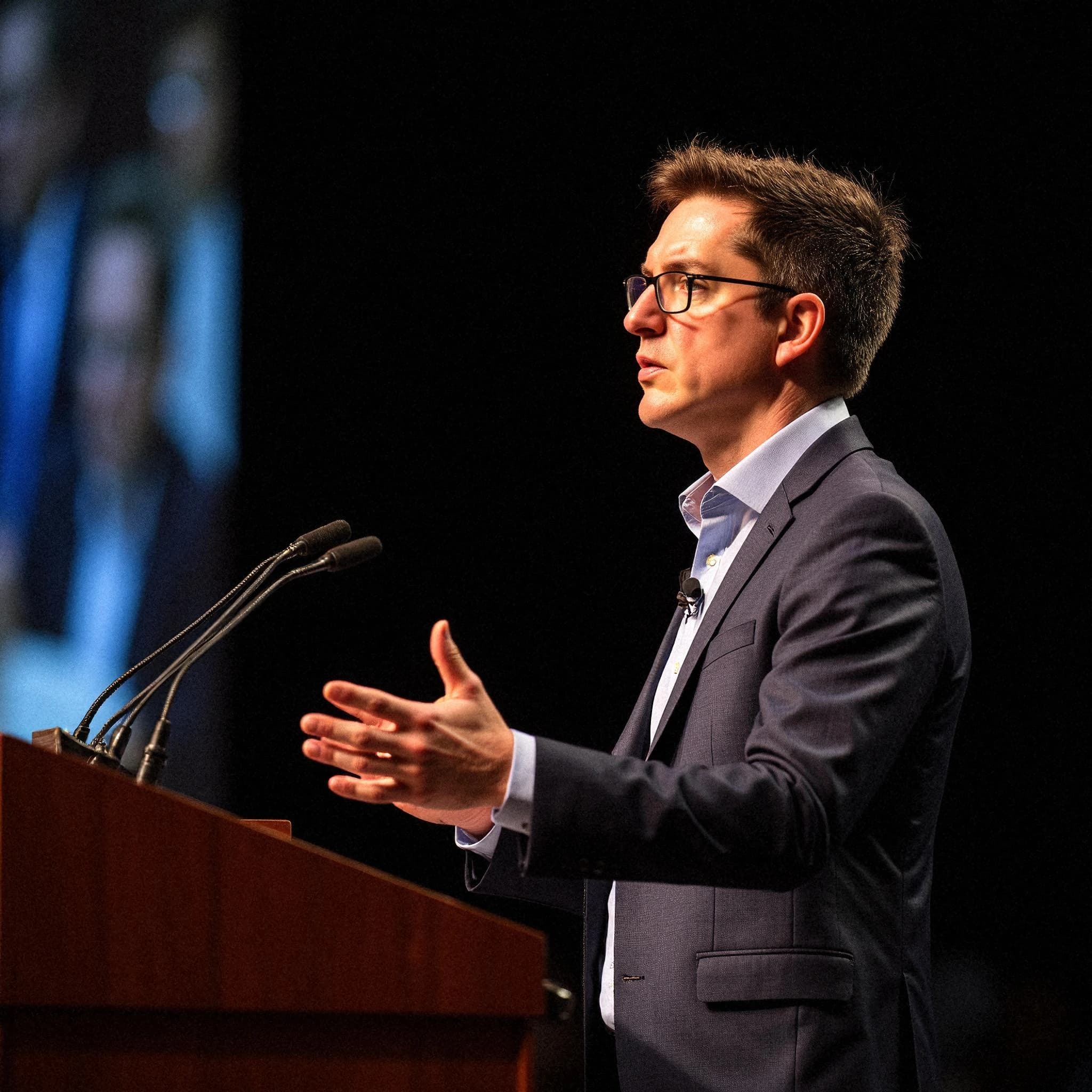 Professional headshot example: Man Conference Suit Speaking — LinkedInHeadshots.ai