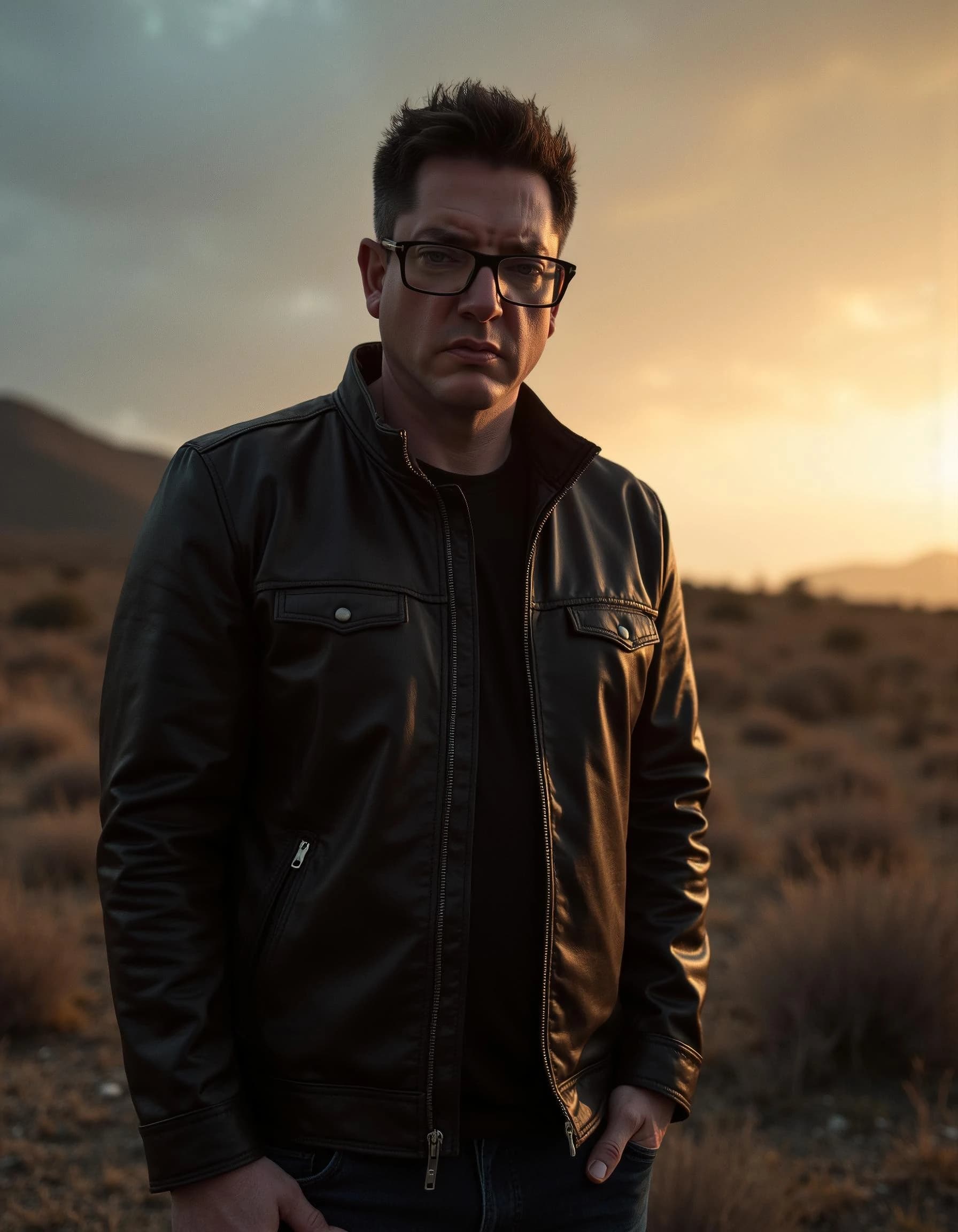 Professional headshot example: Man Desert Leather Jacket Standing — LinkedInHeadshots.ai