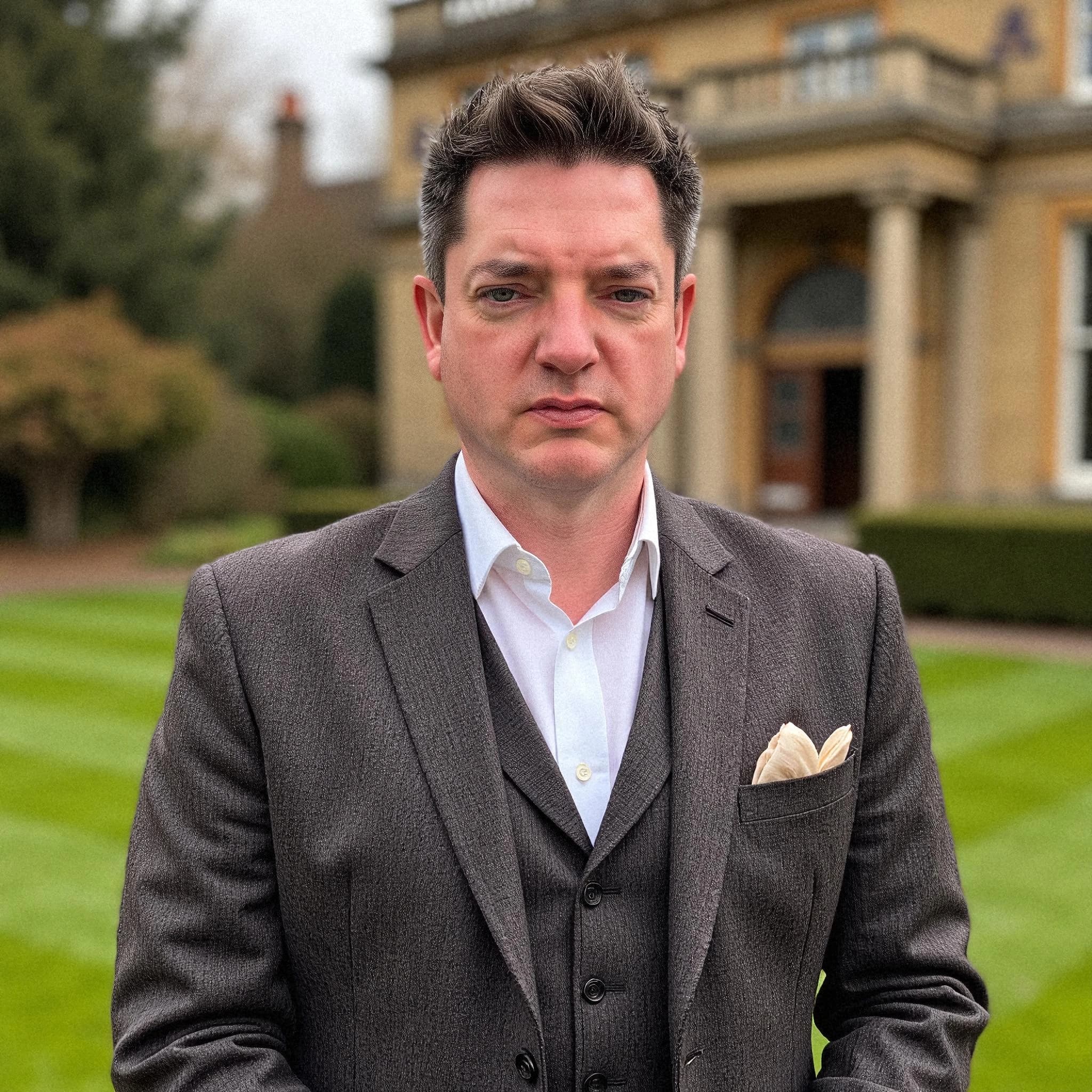 Professional headshot example: Man Garden Brown Suit Standing — LinkedInHeadshots.ai