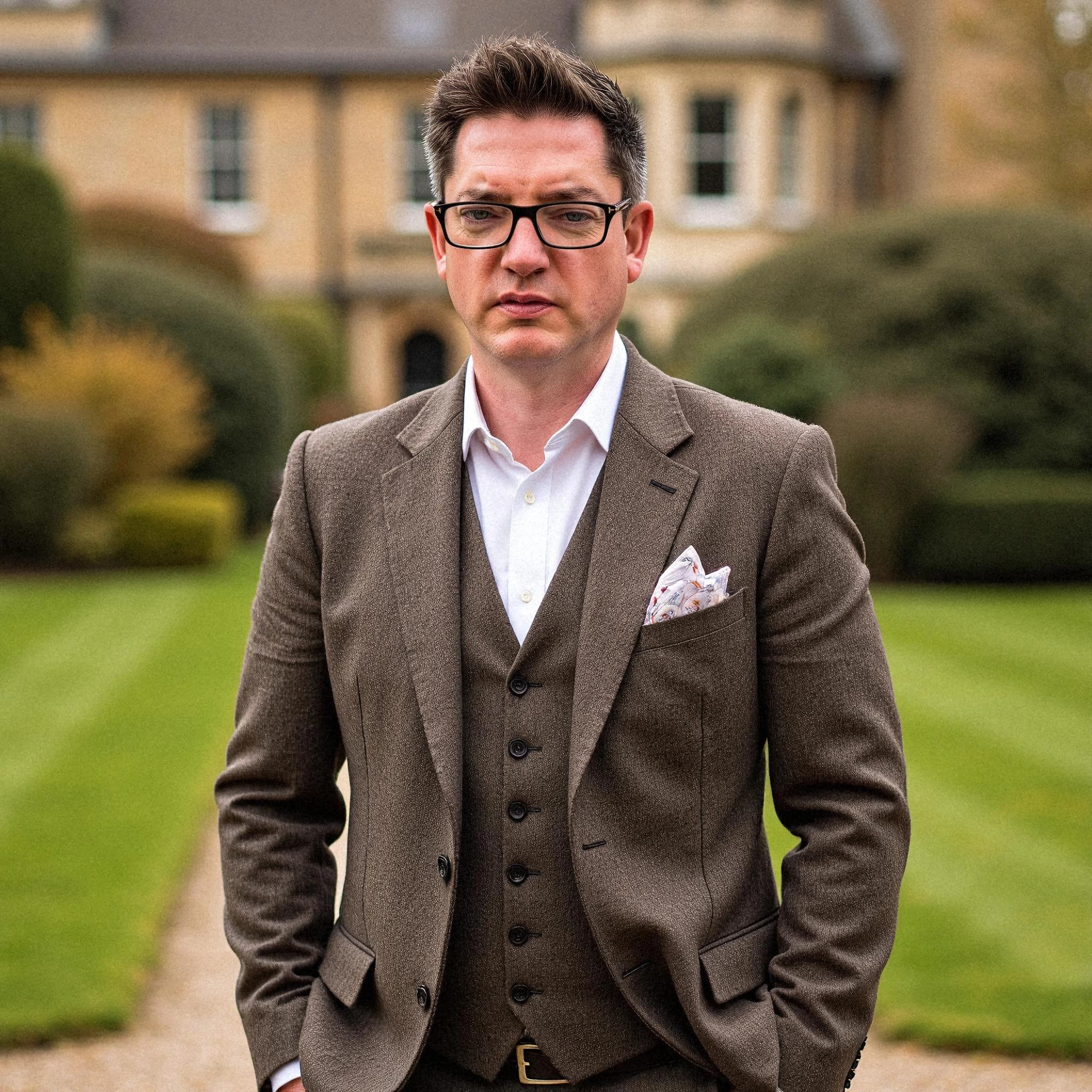 Professional headshot example: Man Garden Brown Suit Standing 2 — LinkedInHeadshots.ai