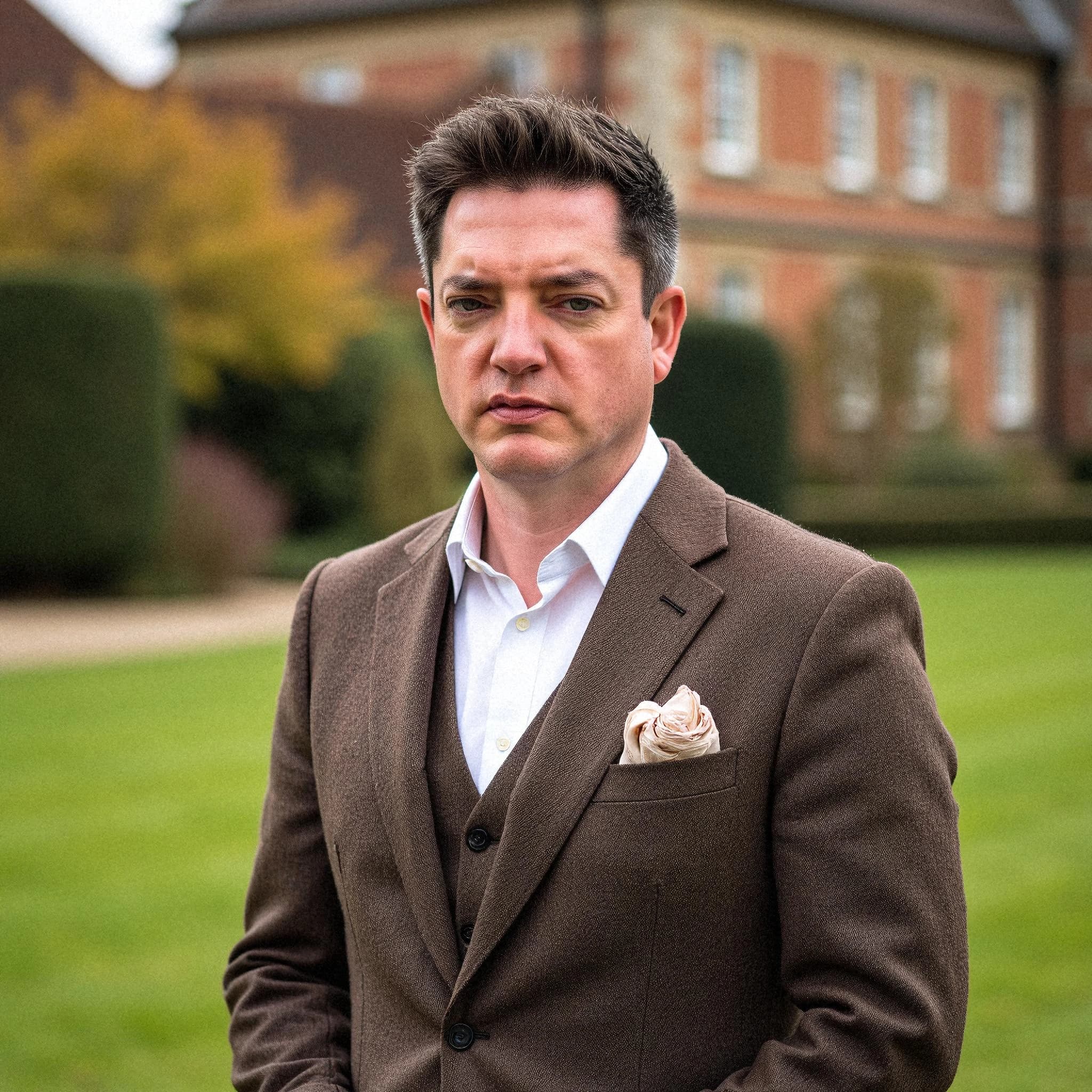 Professional headshot example: Man Garden Brown Suit Standing 3 — LinkedInHeadshots.ai