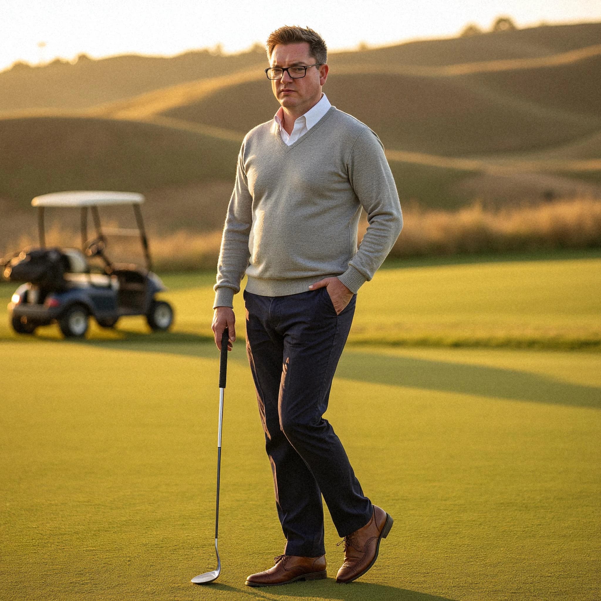 Professional headshot example: Man Golf Course Gray Sweater Standing — LinkedInHeadshots.ai