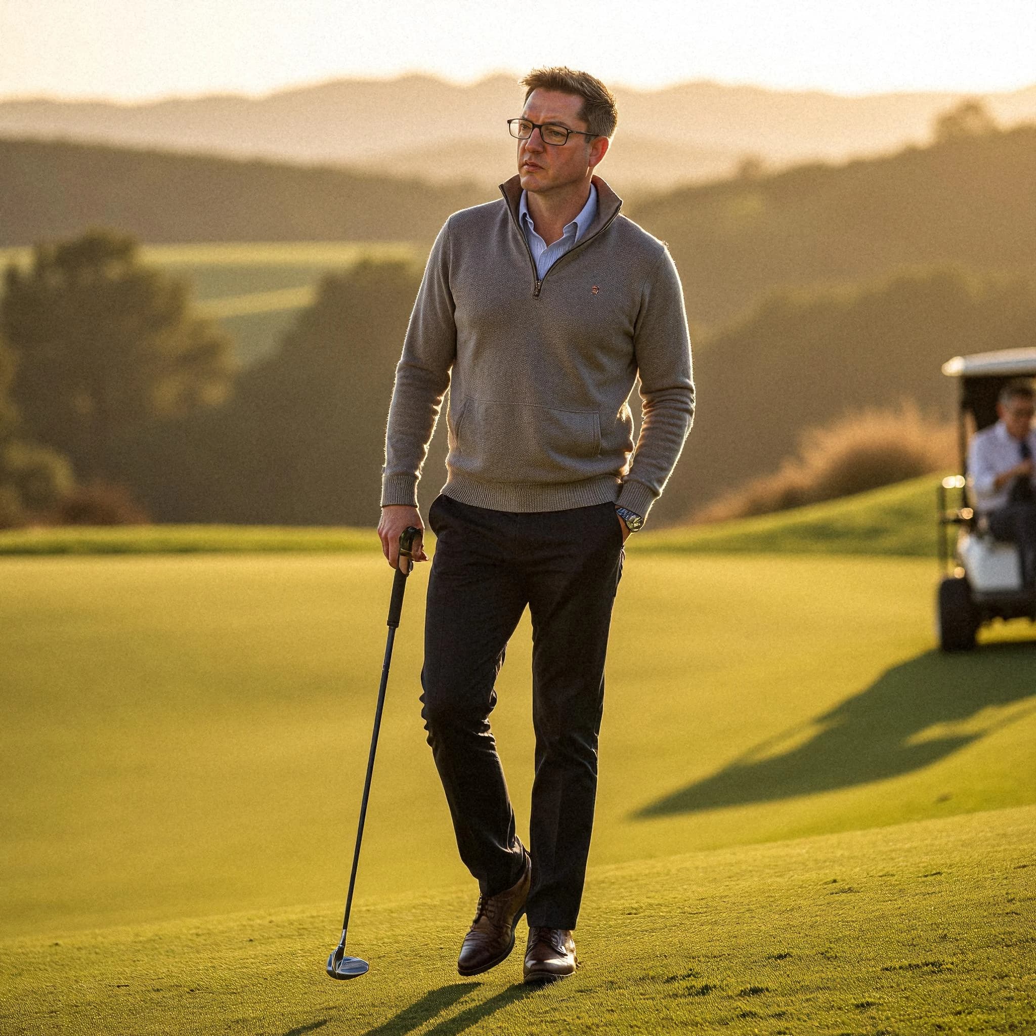 Professional headshot example: Man Golf Course Gray Sweater Walking 2 — LinkedInHeadshots.ai
