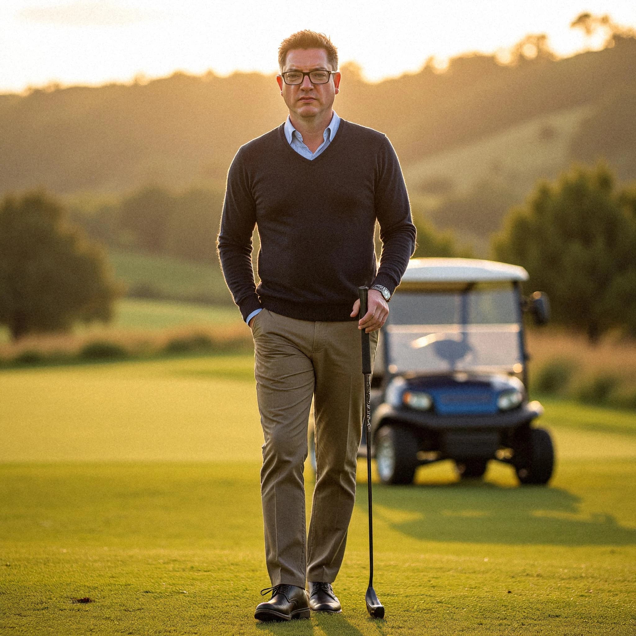 Professional headshot example: Man Golf Course Sweater Holding Club — LinkedInHeadshots.ai