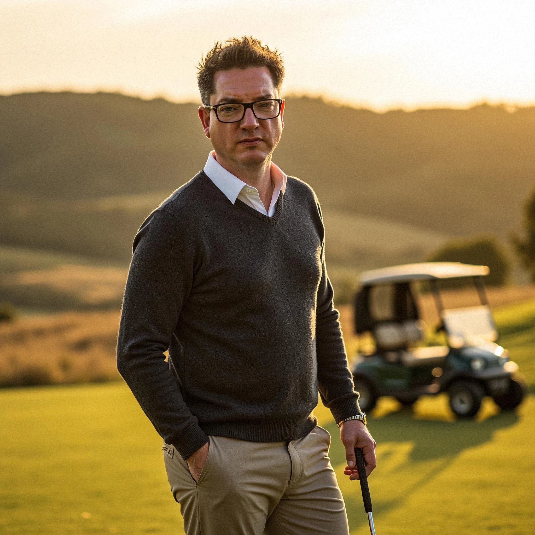 Professional headshot example: Man Golf Course Sweater Holding Club 3 — LinkedInHeadshots.ai