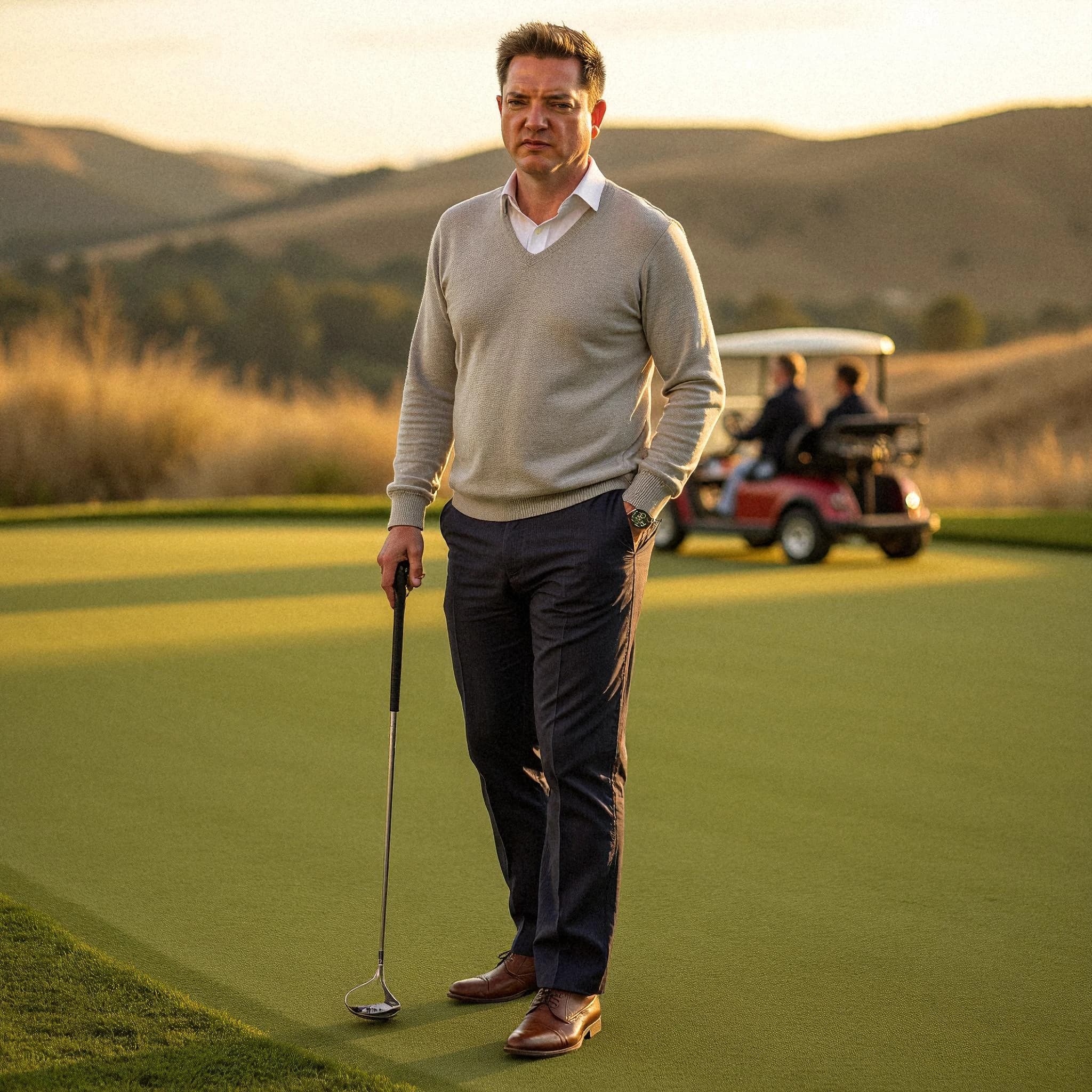 Professional headshot example: Man Golf Course Sweater Holding Club 4 — LinkedInHeadshots.ai