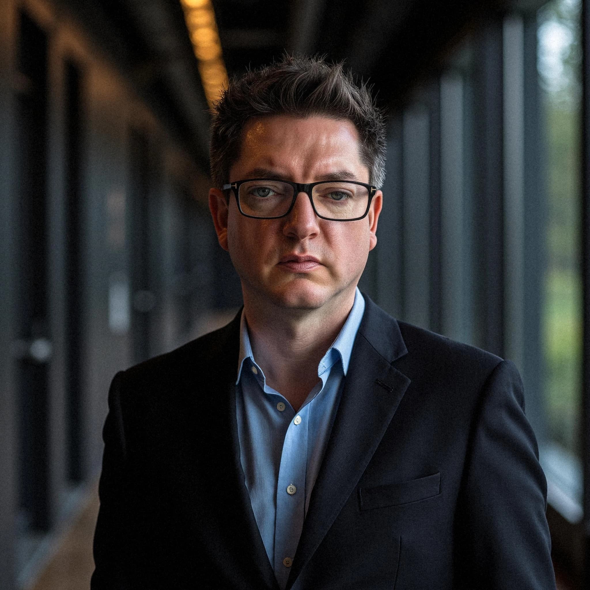 Professional headshot example: Man Hallway Suit Glasses Standing — LinkedInHeadshots.ai