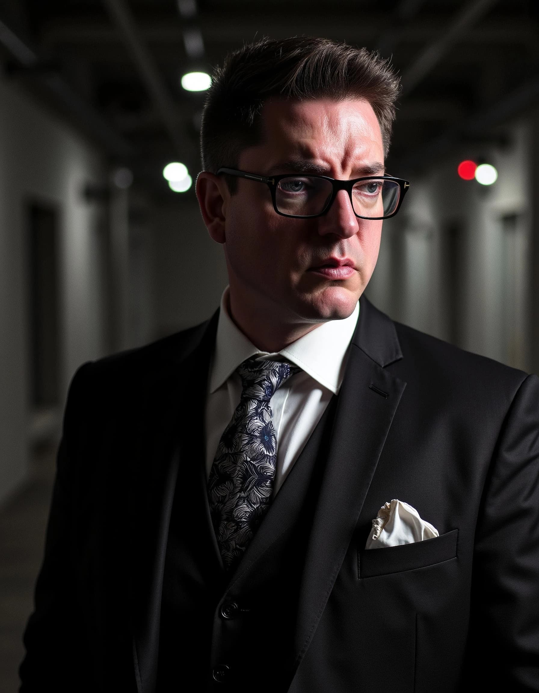 Professional headshot example: Man Hallway Suit Glasses Standing 2 — LinkedInHeadshots.ai