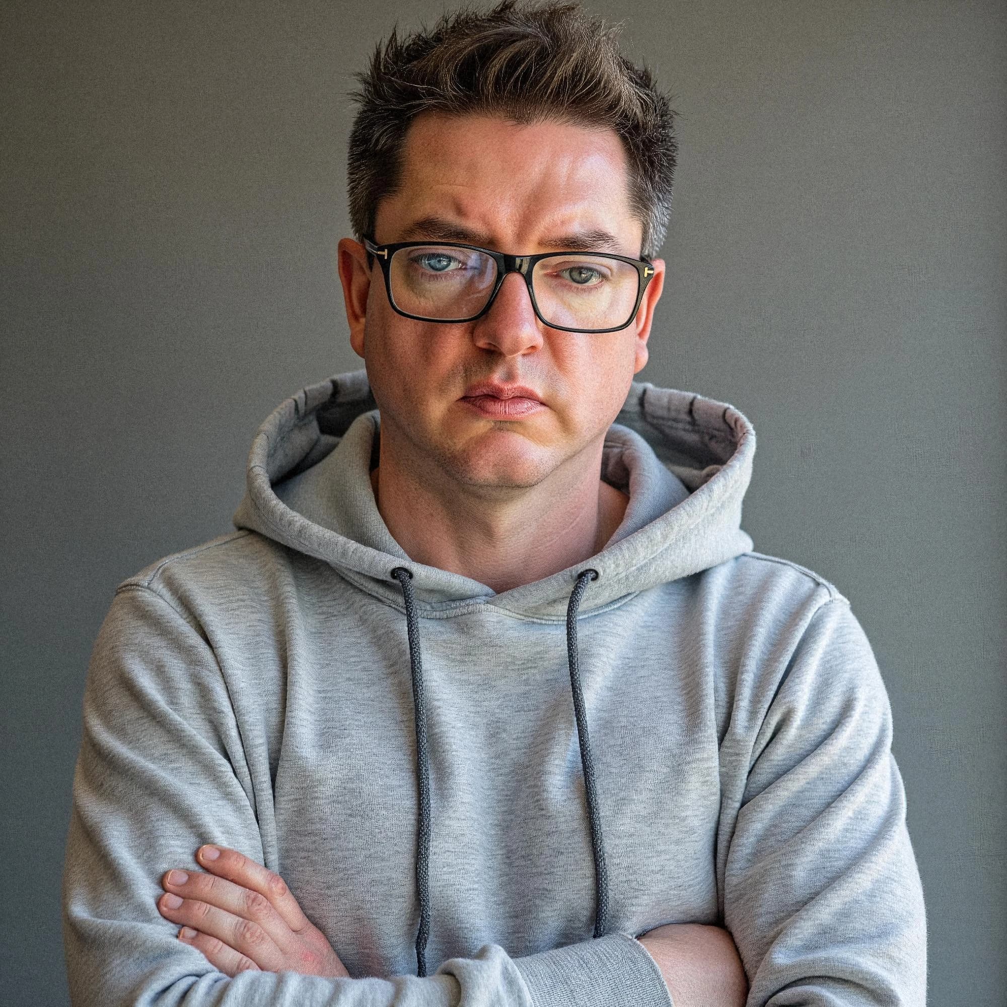 Professional headshot example: Man Indoor Gray Hoodie Crossed Arms — LinkedInHeadshots.ai