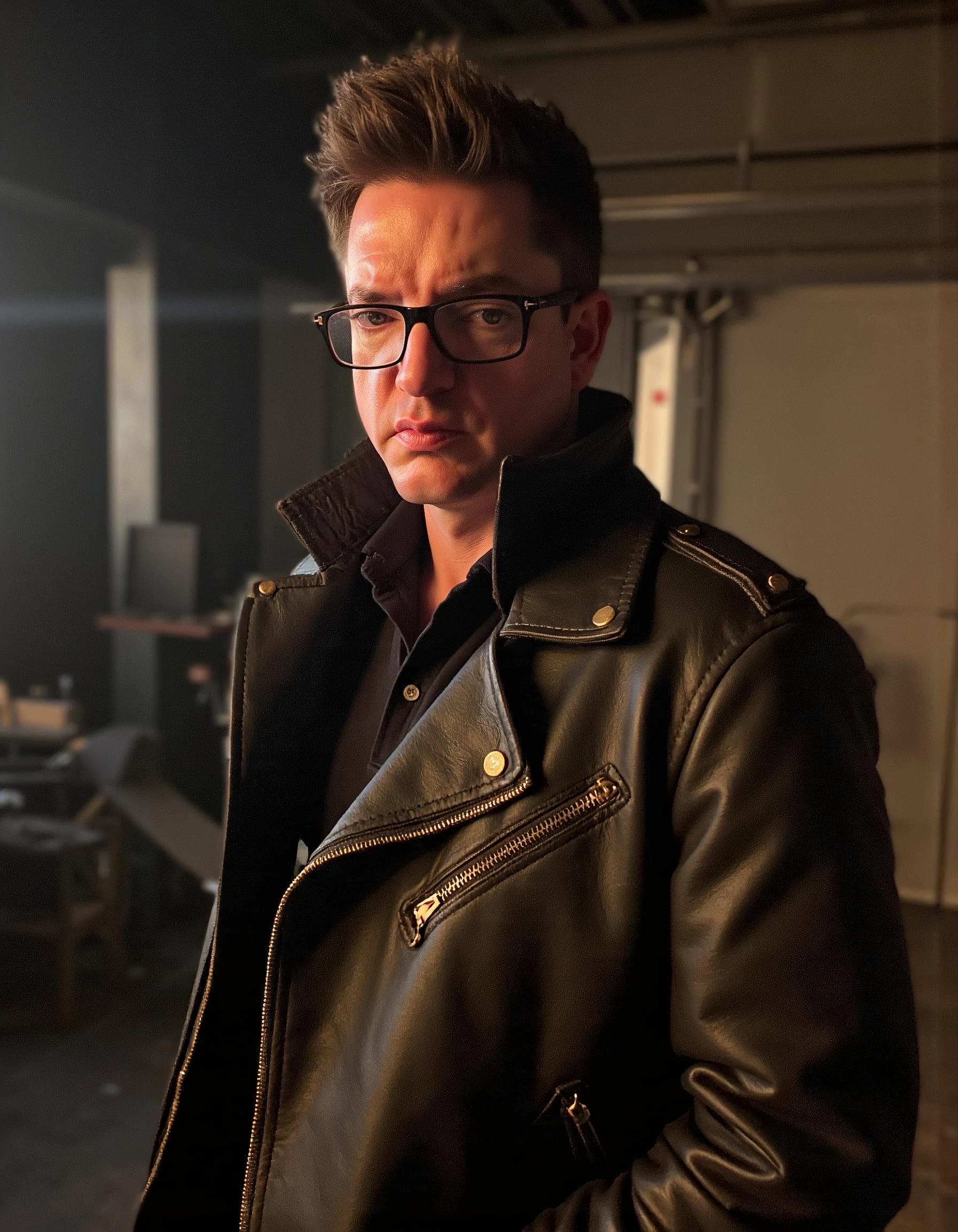 Professional headshot example: Man Indoor Leather Jacket Standing — LinkedInHeadshots.ai