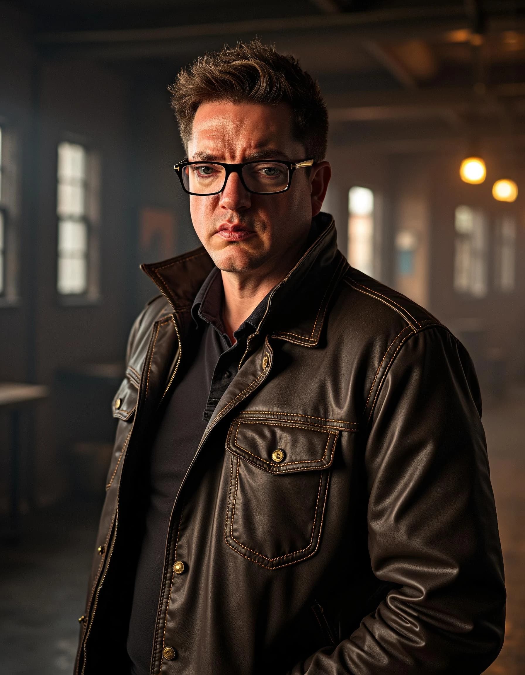 Professional headshot example: Man Indoor Leather Jacket Standing 2 — LinkedInHeadshots.ai