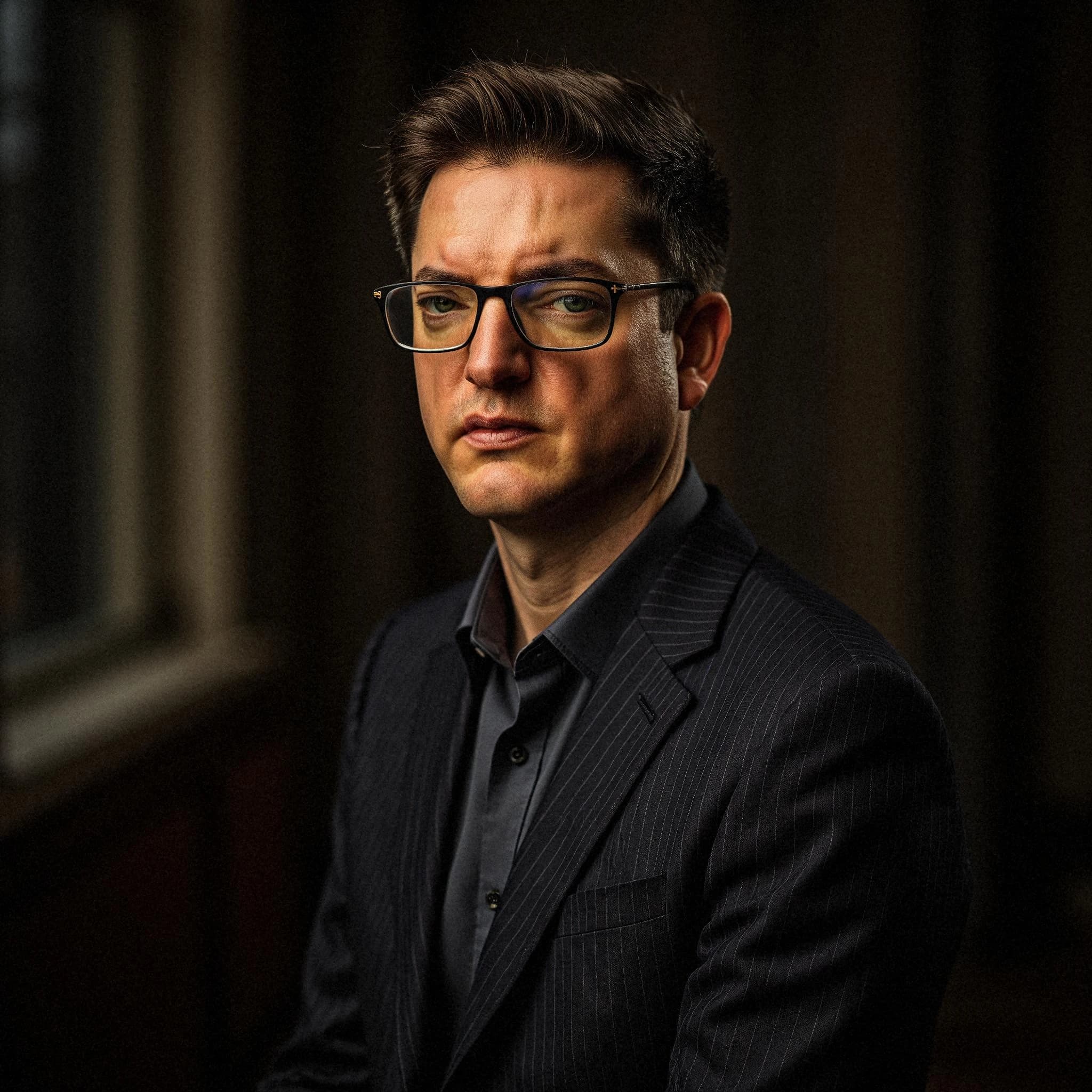 Professional headshot example: Man Indoor Suit Sitting Glasses — LinkedInHeadshots.ai