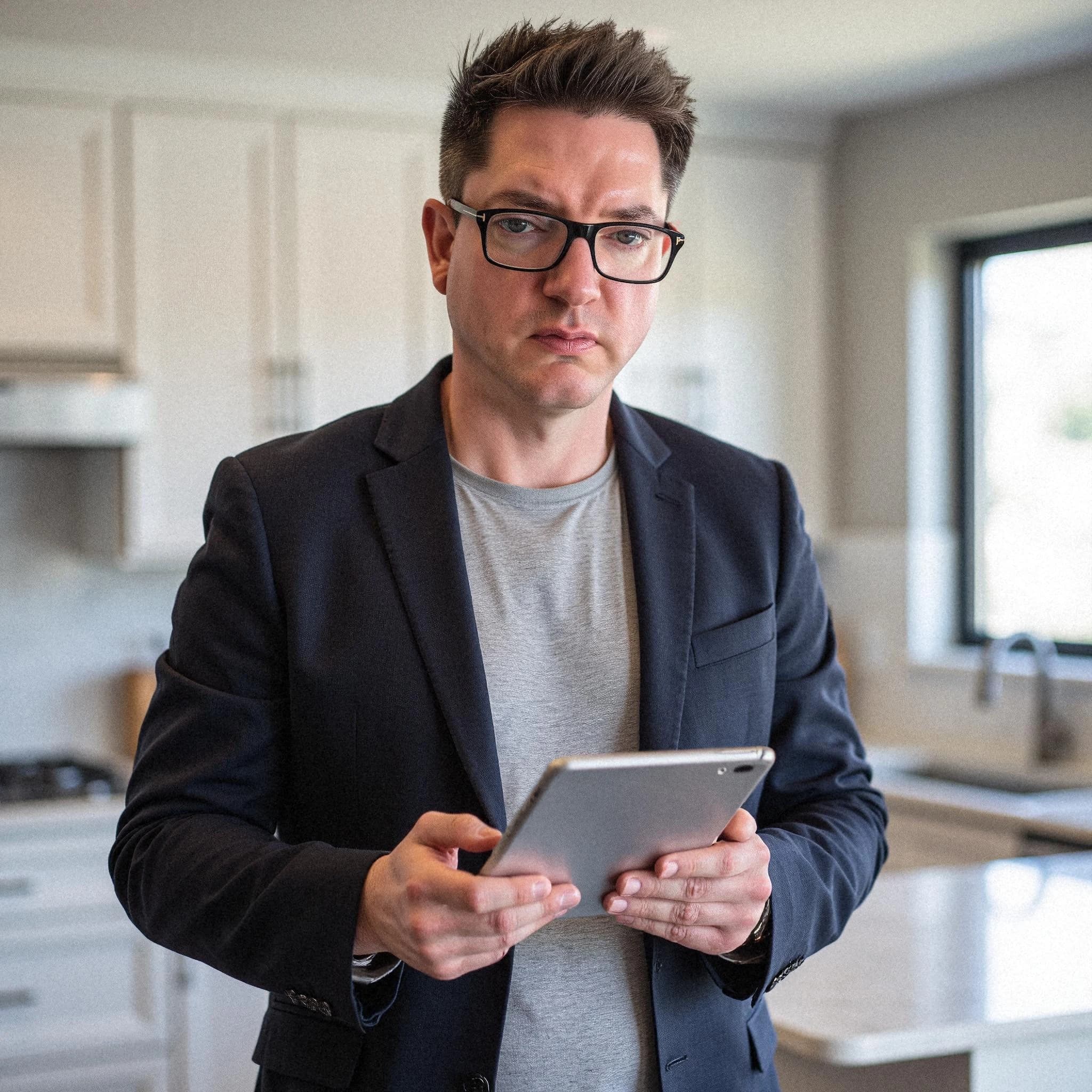 Professional headshot example: Man Kitchen Jacket Holding Tablet — LinkedInHeadshots.ai