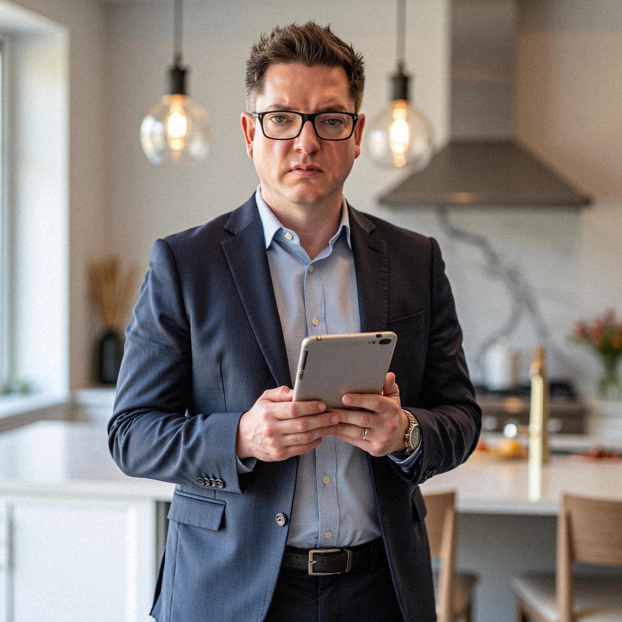 Professional headshot example: Man Kitchen Suit Holding Tablet — LinkedInHeadshots.ai