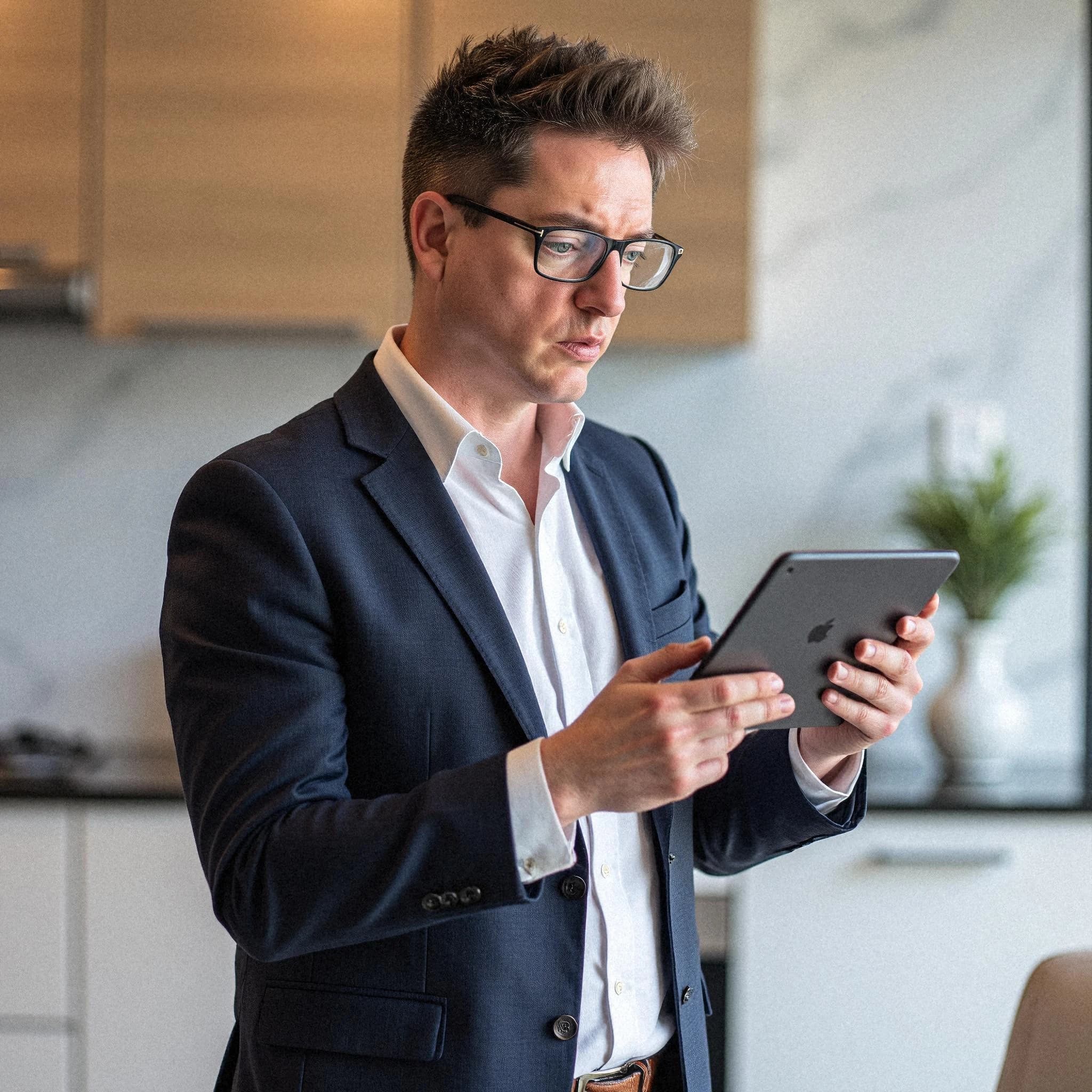 Professional headshot example: Man Kitchen Suit Holding Tablet 3 — LinkedInHeadshots.ai