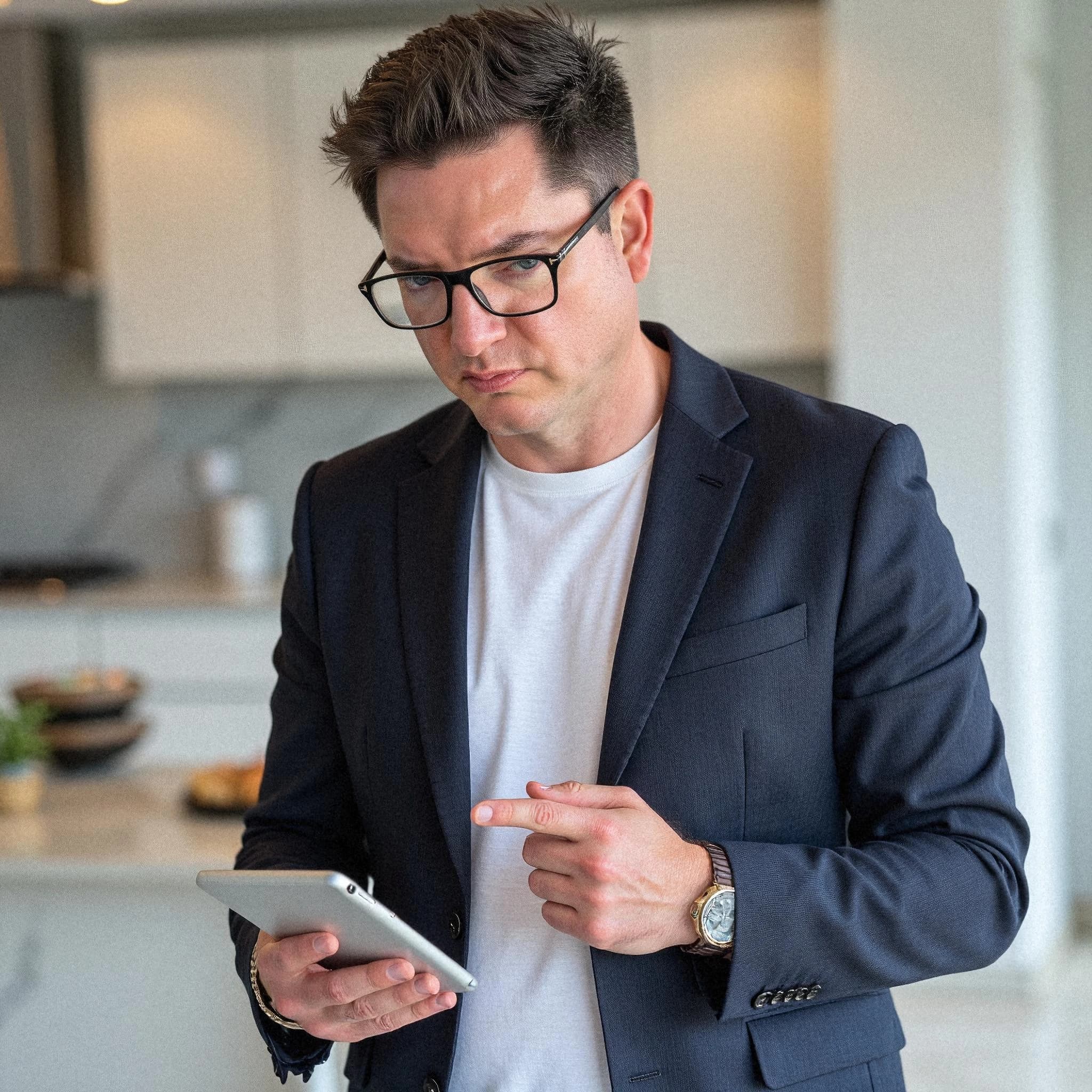 Professional headshot example: Man Kitchen Suit Holding Tablet 4 — LinkedInHeadshots.ai