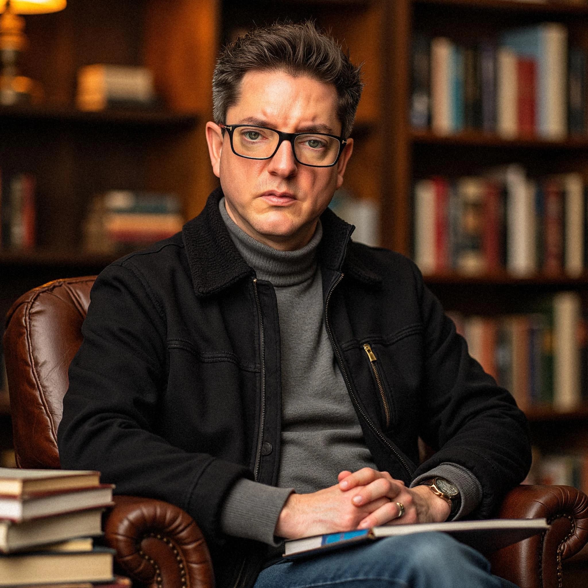 Professional headshot example: Man Library Black Jacket Sitting — LinkedInHeadshots.ai