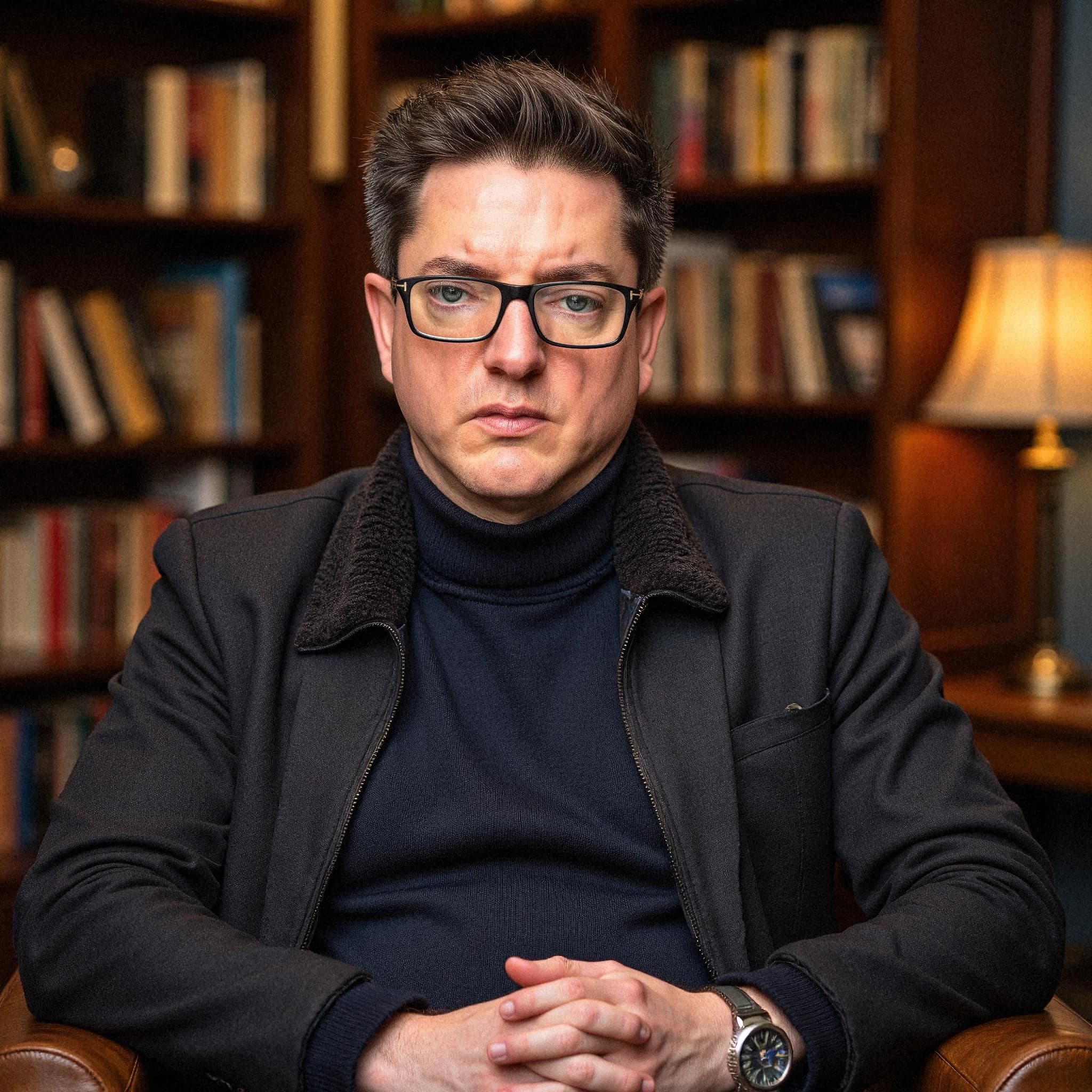 Professional headshot example: Man Library Black Jacket Sitting 2 — LinkedInHeadshots.ai