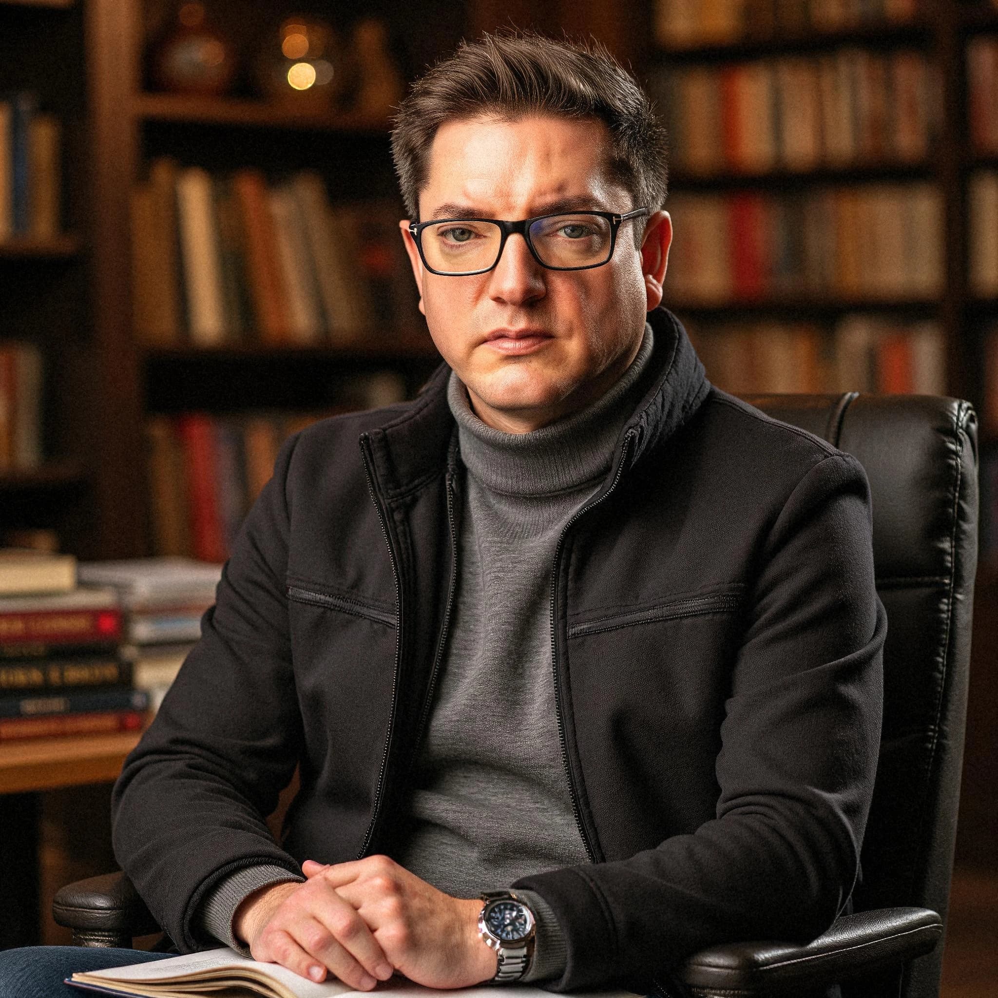 Professional headshot example: Man Library Black Jacket Sitting 3 — LinkedInHeadshots.ai