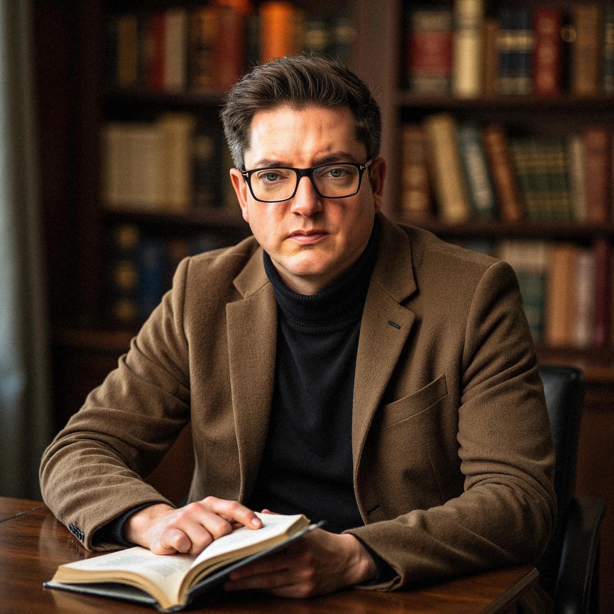 Professional headshot example: Man Library Brown Jacket Reading — LinkedInHeadshots.ai