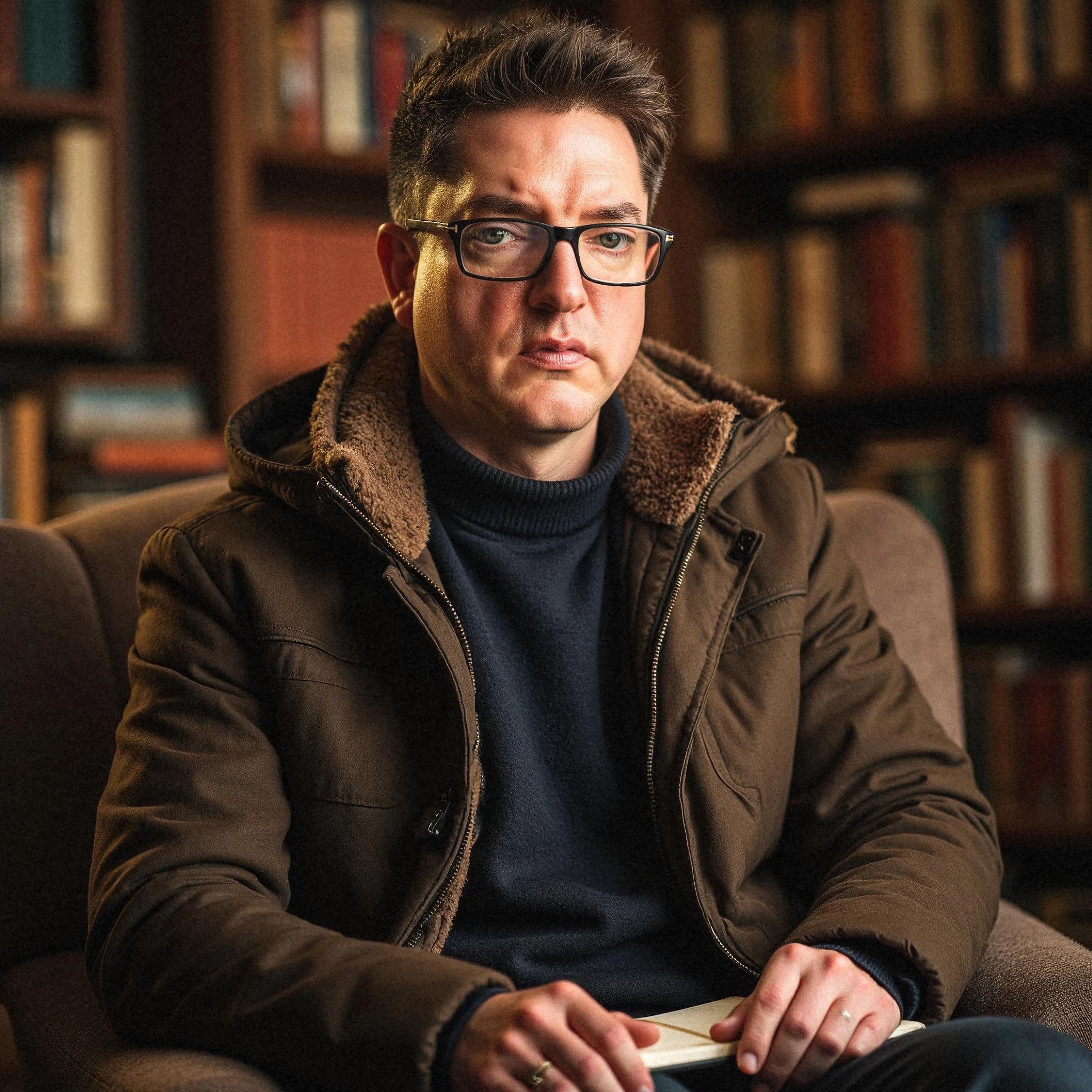 Professional headshot example: Man Library Brown Jacket Sitting — LinkedInHeadshots.ai