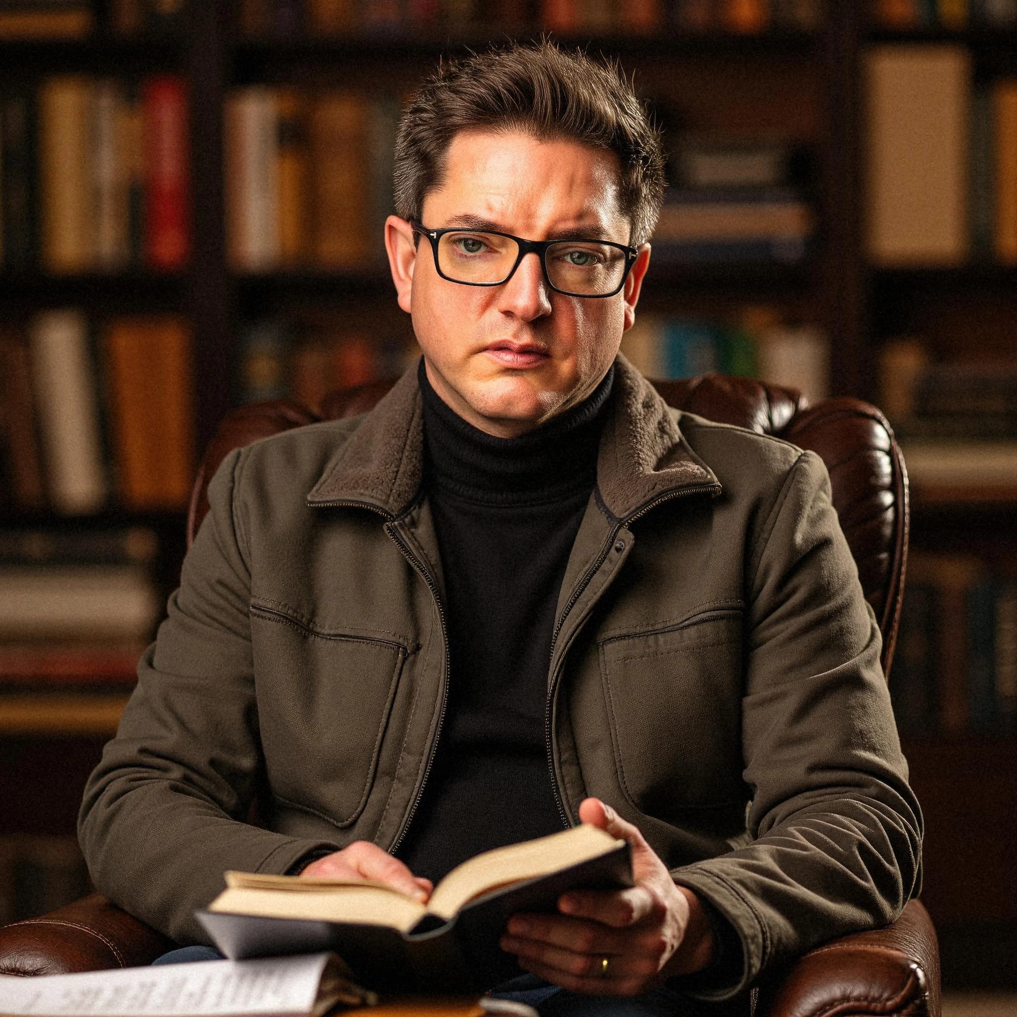 Professional headshot example: Man Library Jacket Reading Book — LinkedInHeadshots.ai