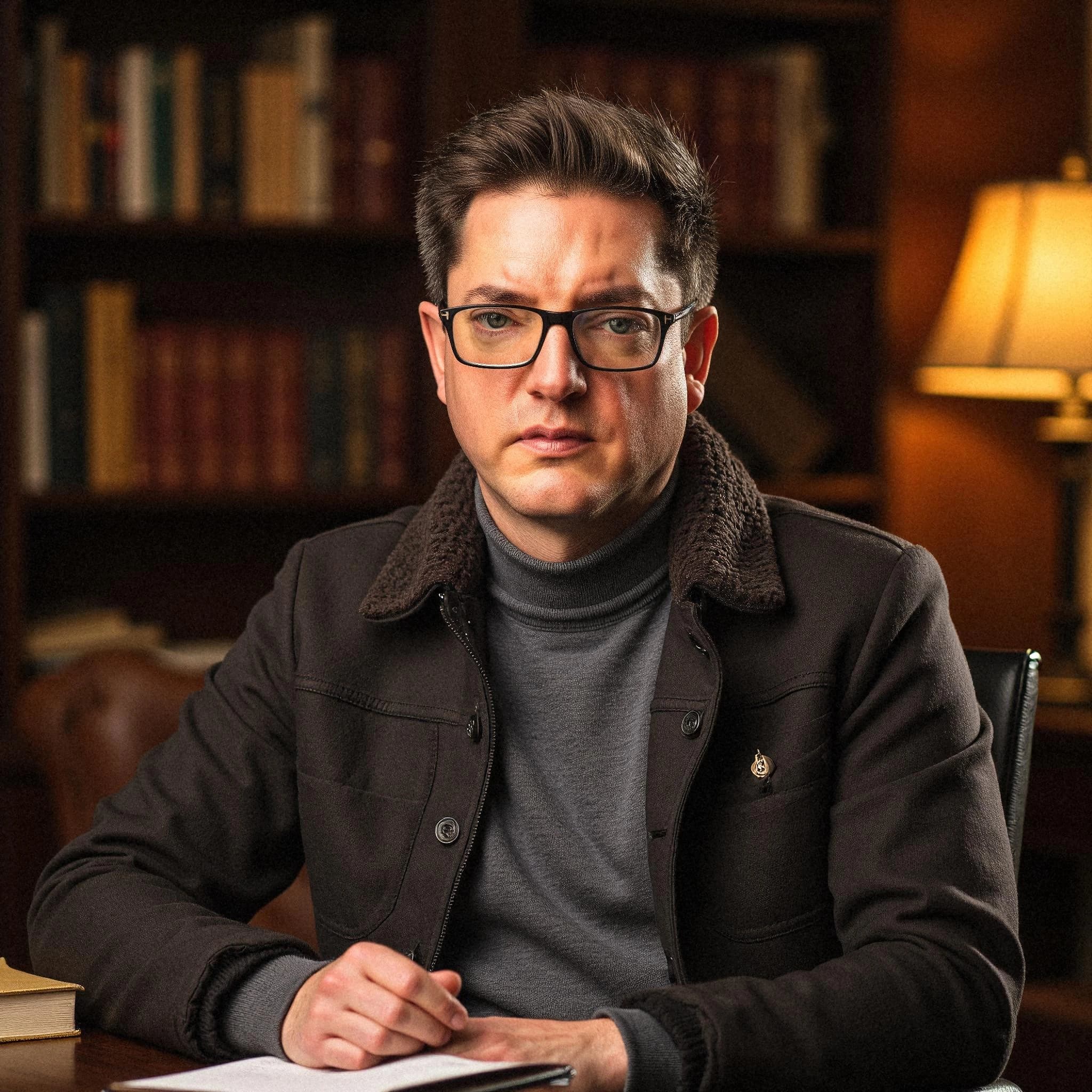 Professional headshot example: Man Library Jacket Sitting Writing — LinkedInHeadshots.ai