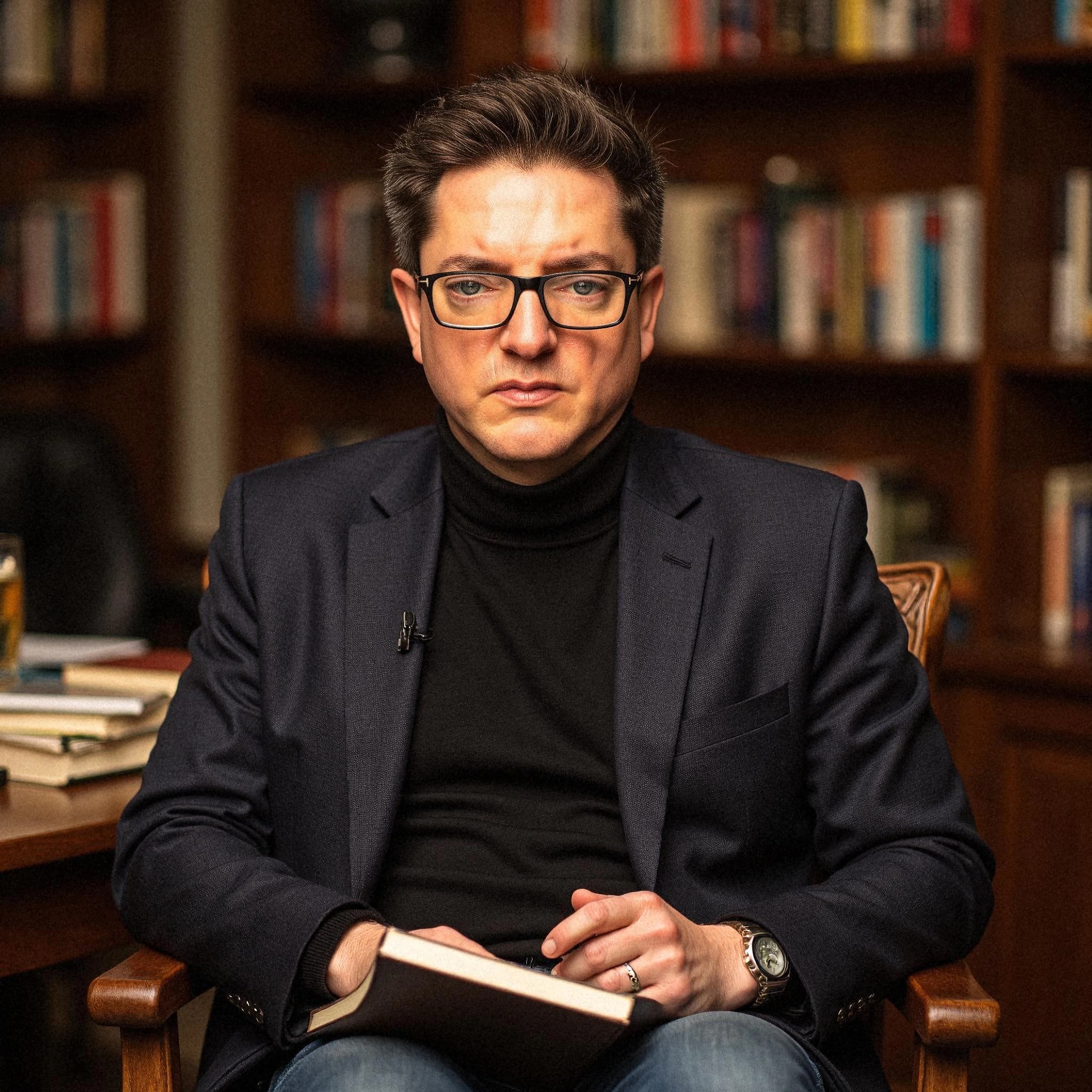 Professional headshot example: Man Library Suit Holding Book — LinkedInHeadshots.ai