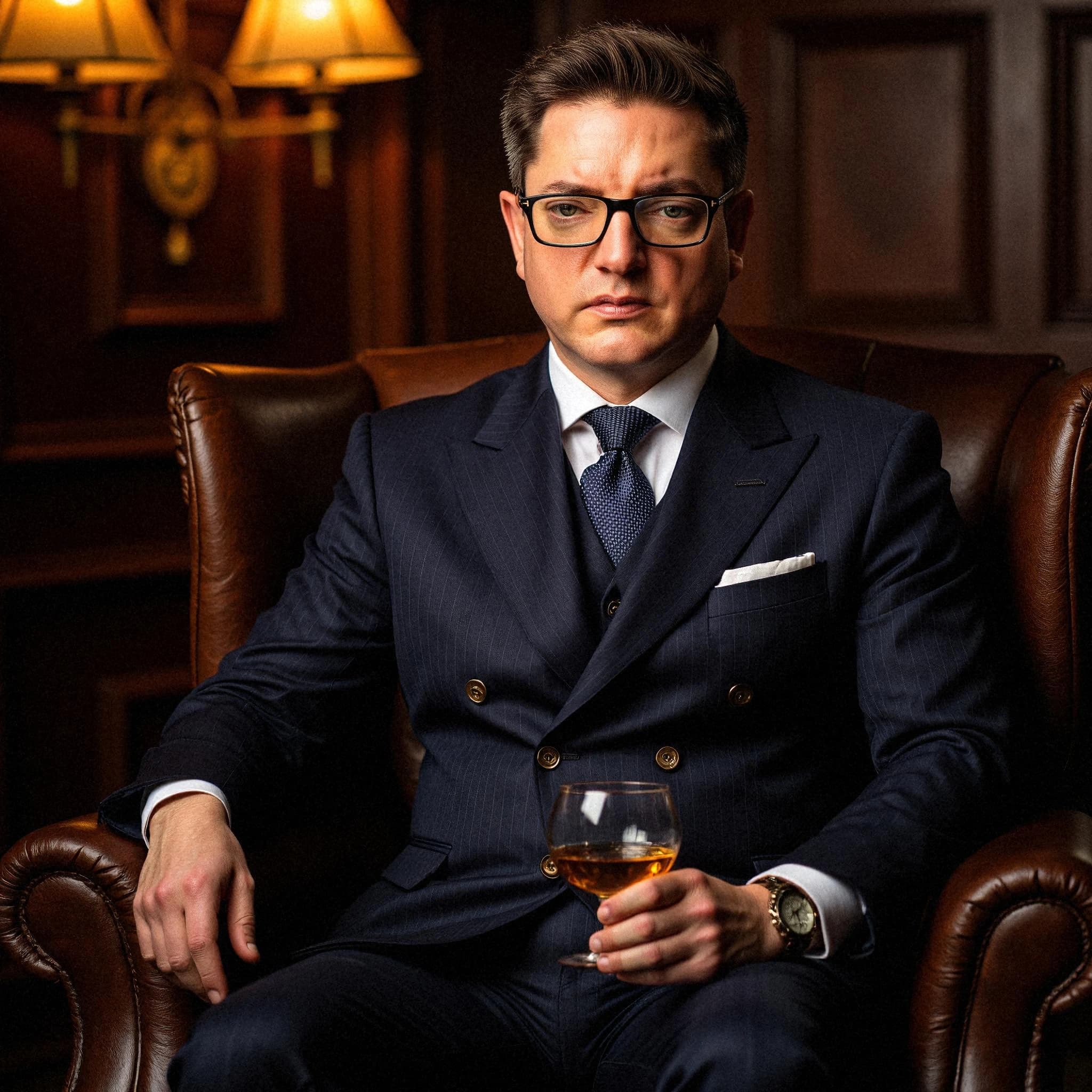 Professional headshot example: Man Lounge Suit Holding Glass — LinkedInHeadshots.ai